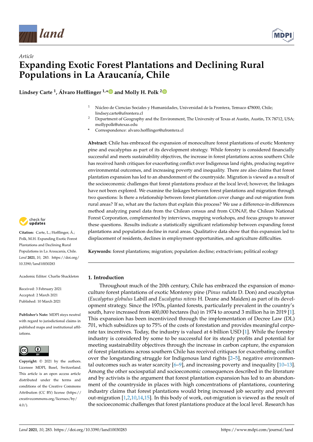 Expanding Exotic Forest Plantations and Declining Rural Populations in La Araucanía, Chile