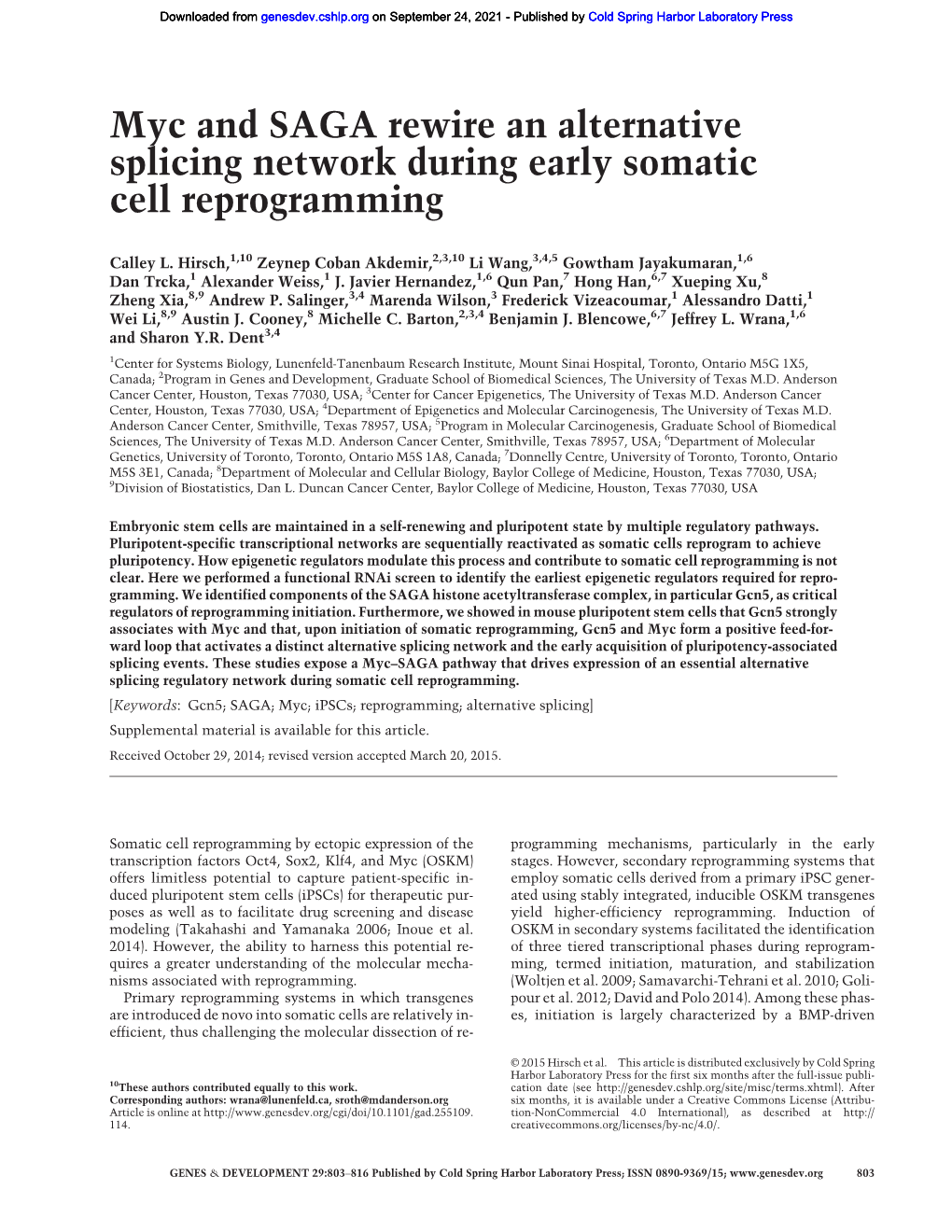 Myc and SAGA Rewire an Alternative Splicing Network During Early Somatic Cell Reprogramming