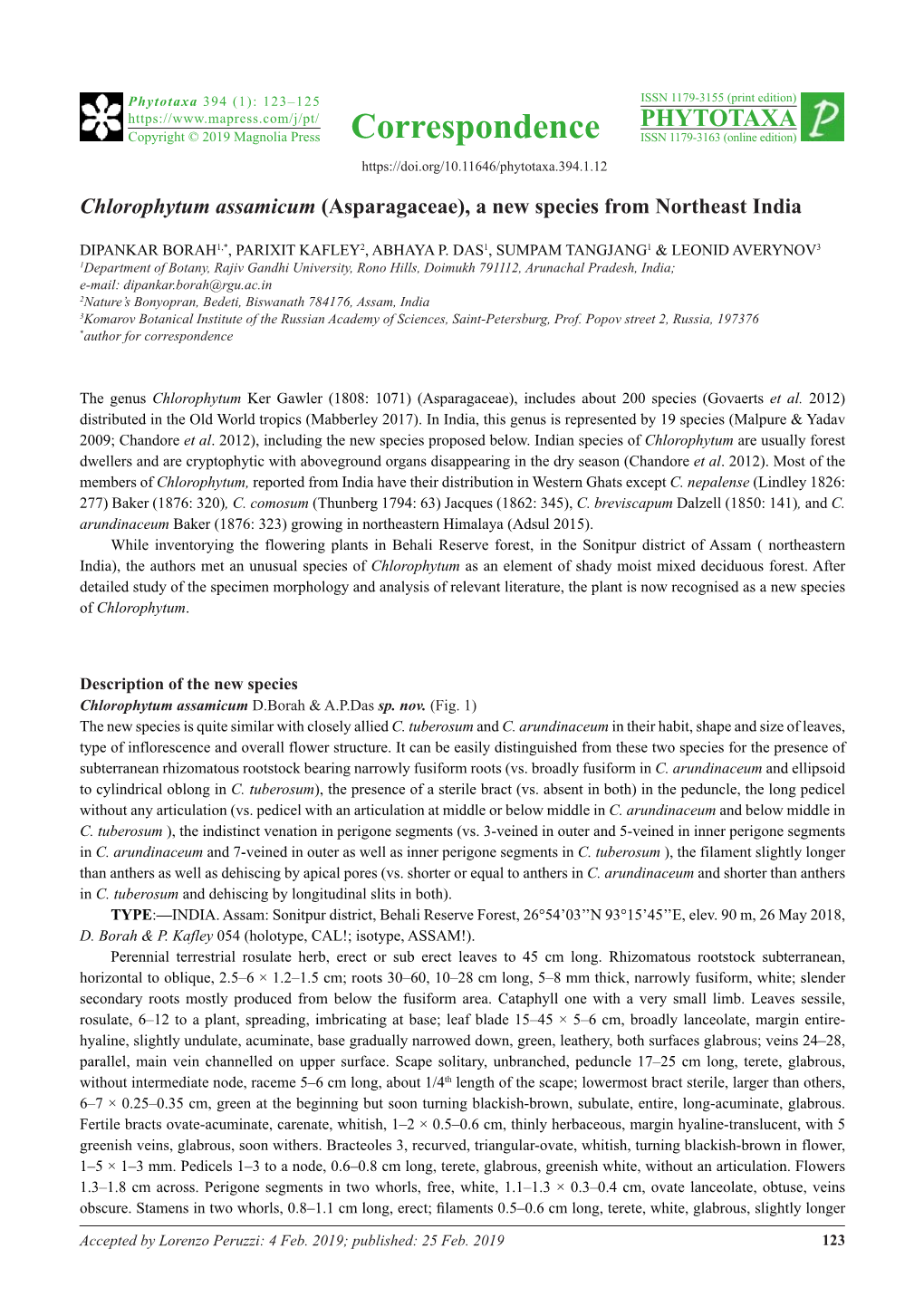 Chlorophytum Assamicum (Asparagaceae), a New Species from Northeast India