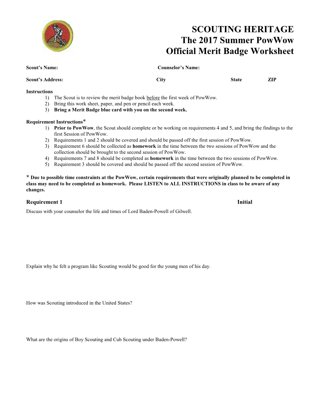 SCOUTING HERITAGE the 2017 Summer Powwow Official Merit Badge Worksheet