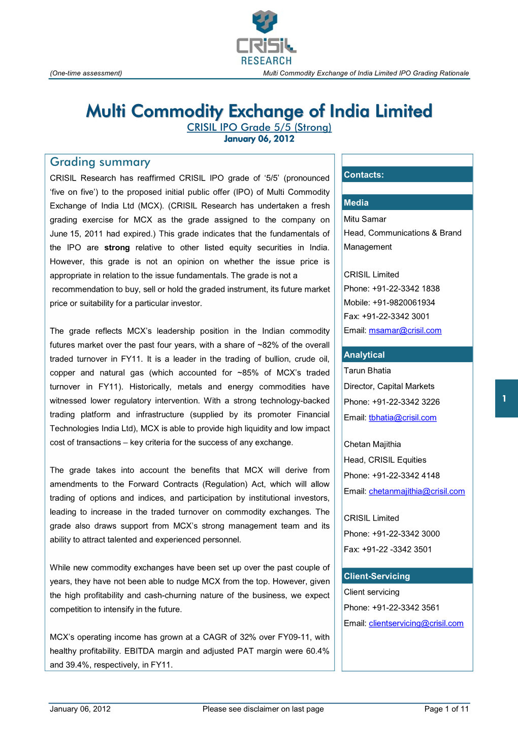 Multi Commodity Exchange of India Limited IPO Grading Rationale