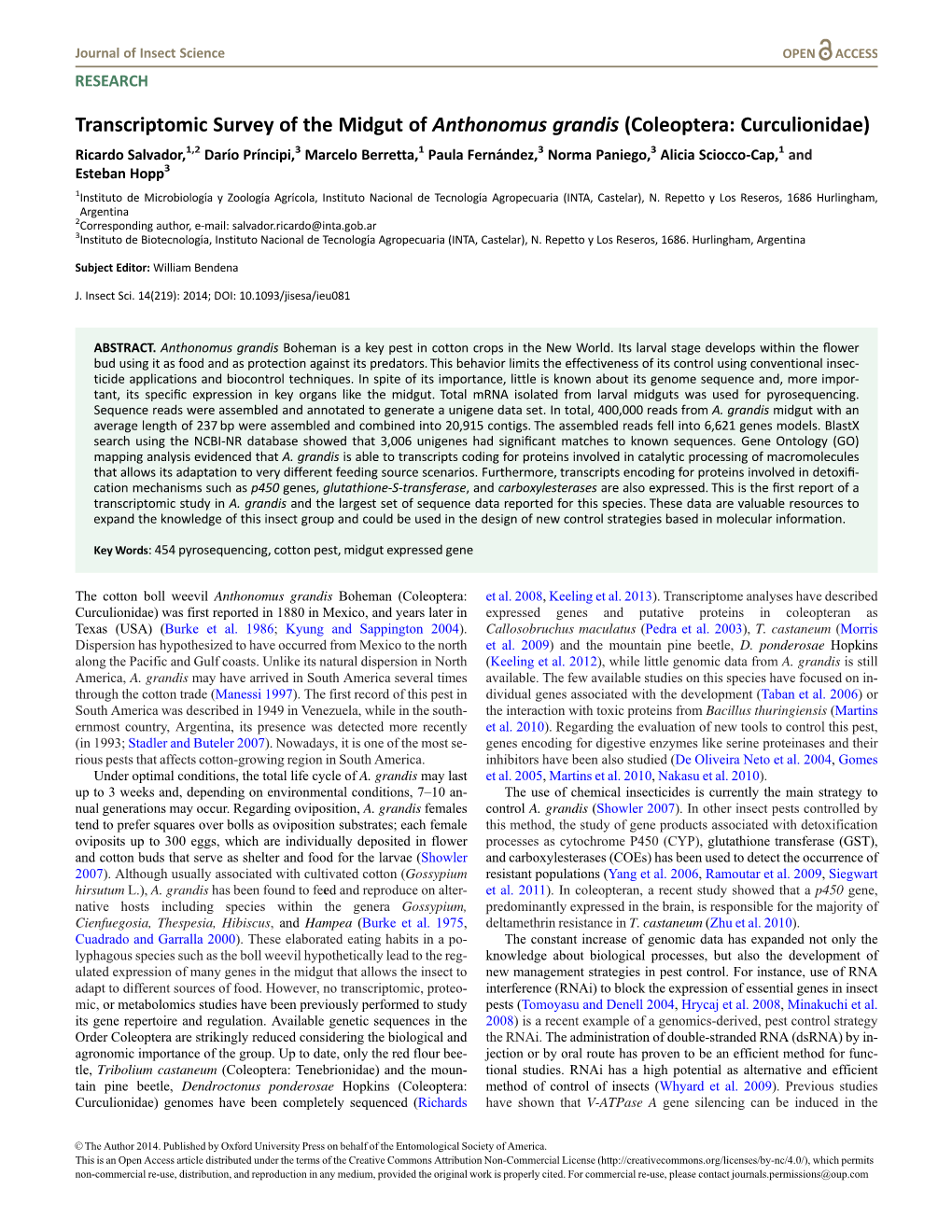 Transcriptomic Survey of the Midgut of Anthonomus Grandis (Coleoptera: Curculionidae)