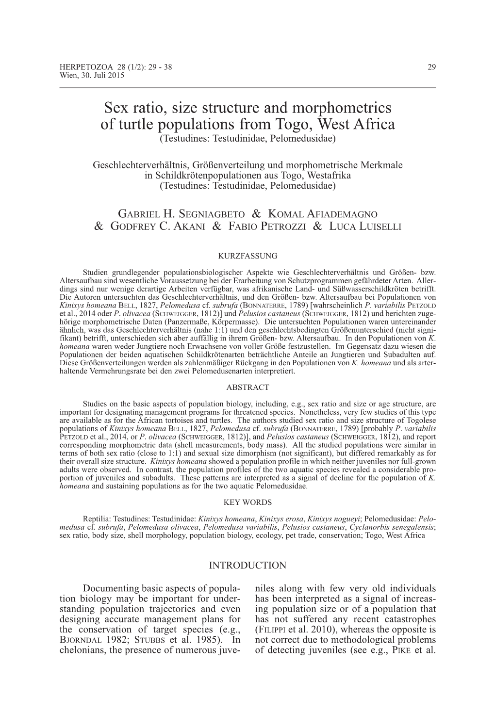 Sex Ratio, Size Structure and Morphometrics of Turtle Populations from Togo, West Africa (Testudines: Testudinidae, Pelomedusidae)