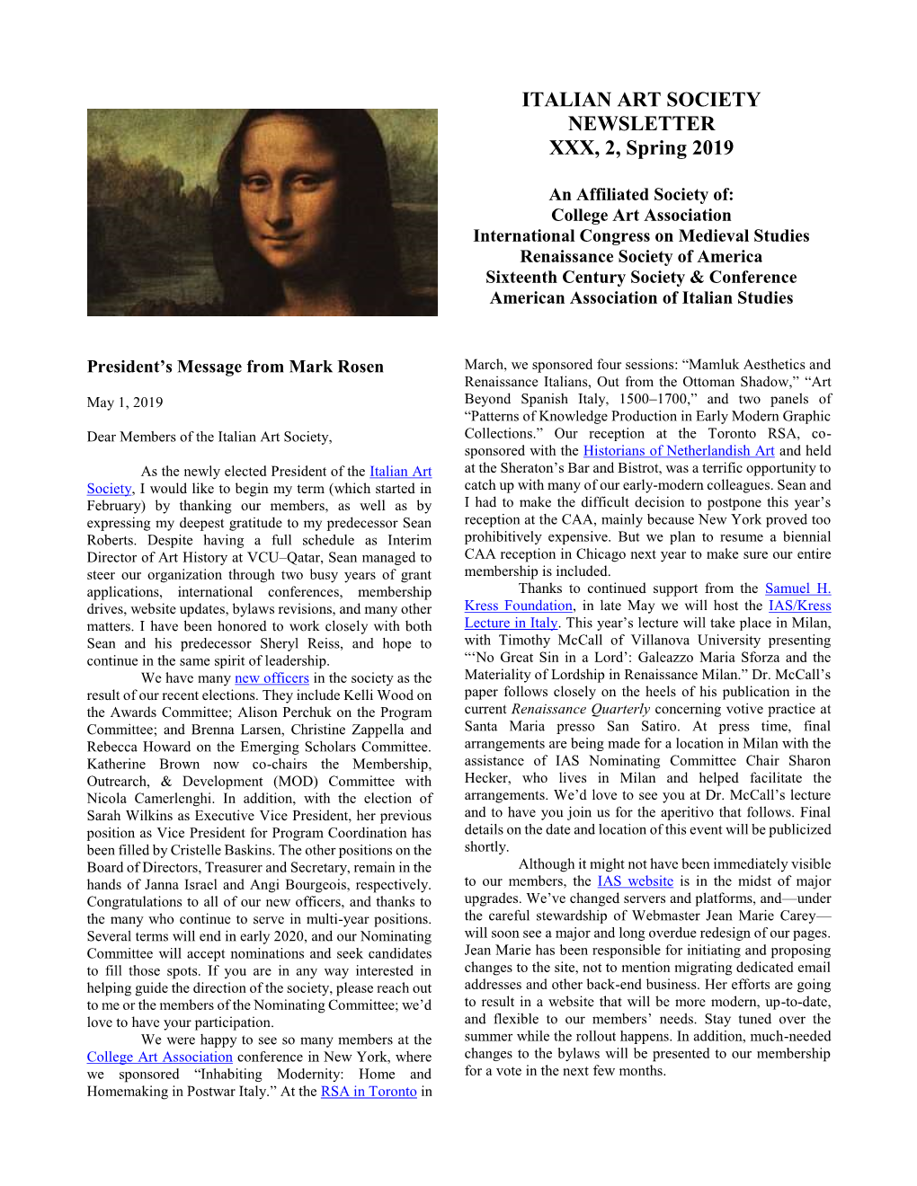 ITALIAN ART SOCIETY NEWSLETTER XXX, 2, Spring 2019