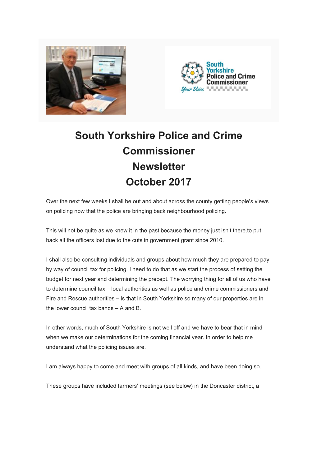 South Yorkshire Police and Crime Commissioner Newsletter October 2017