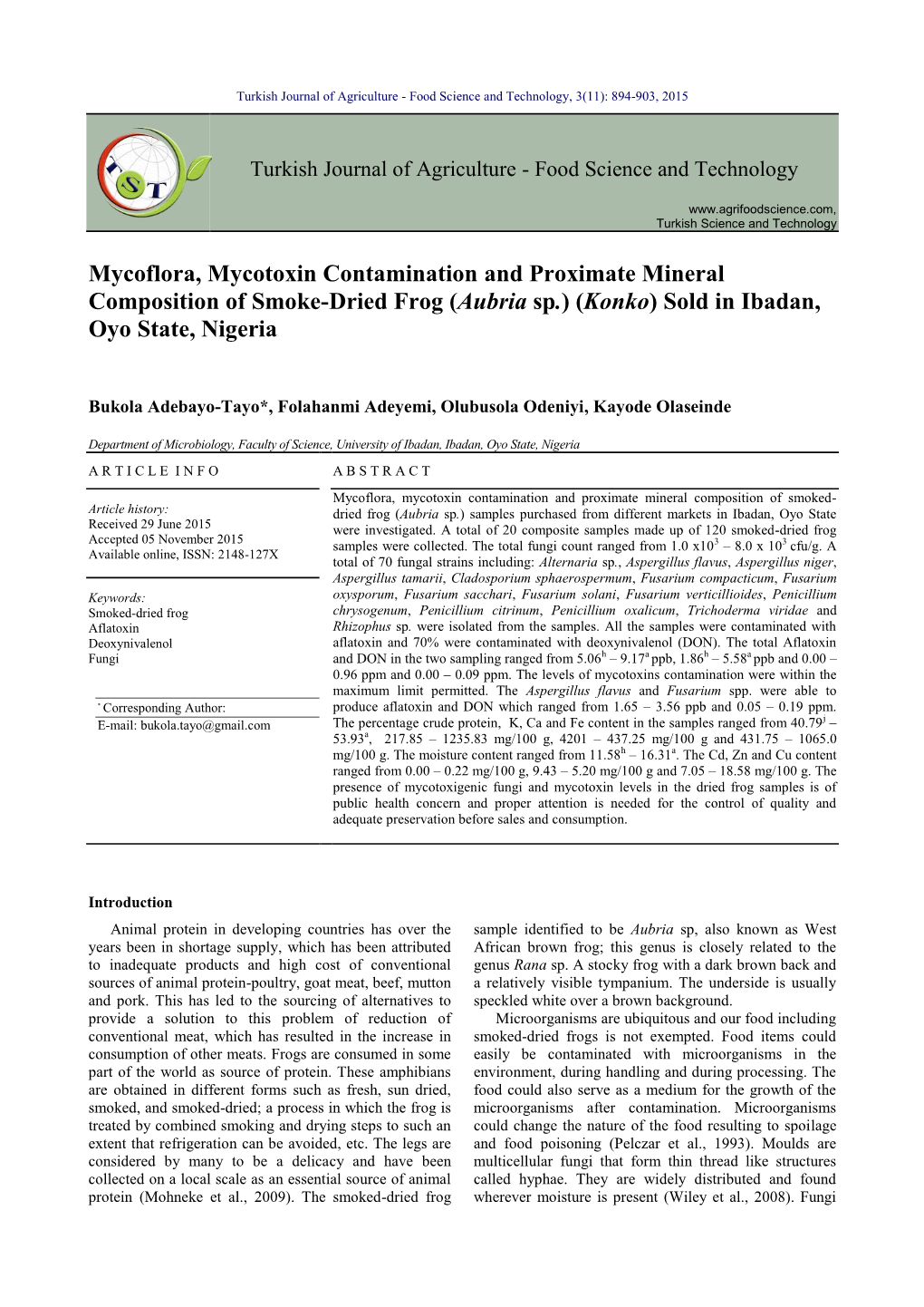 Mycoflora, Mycotoxin Contamination and Proximate Mineral Composition of Smoke-Dried Frog (Aubria Sp.) (Konko) Sold in Ibadan, Oyo State, Nigeria