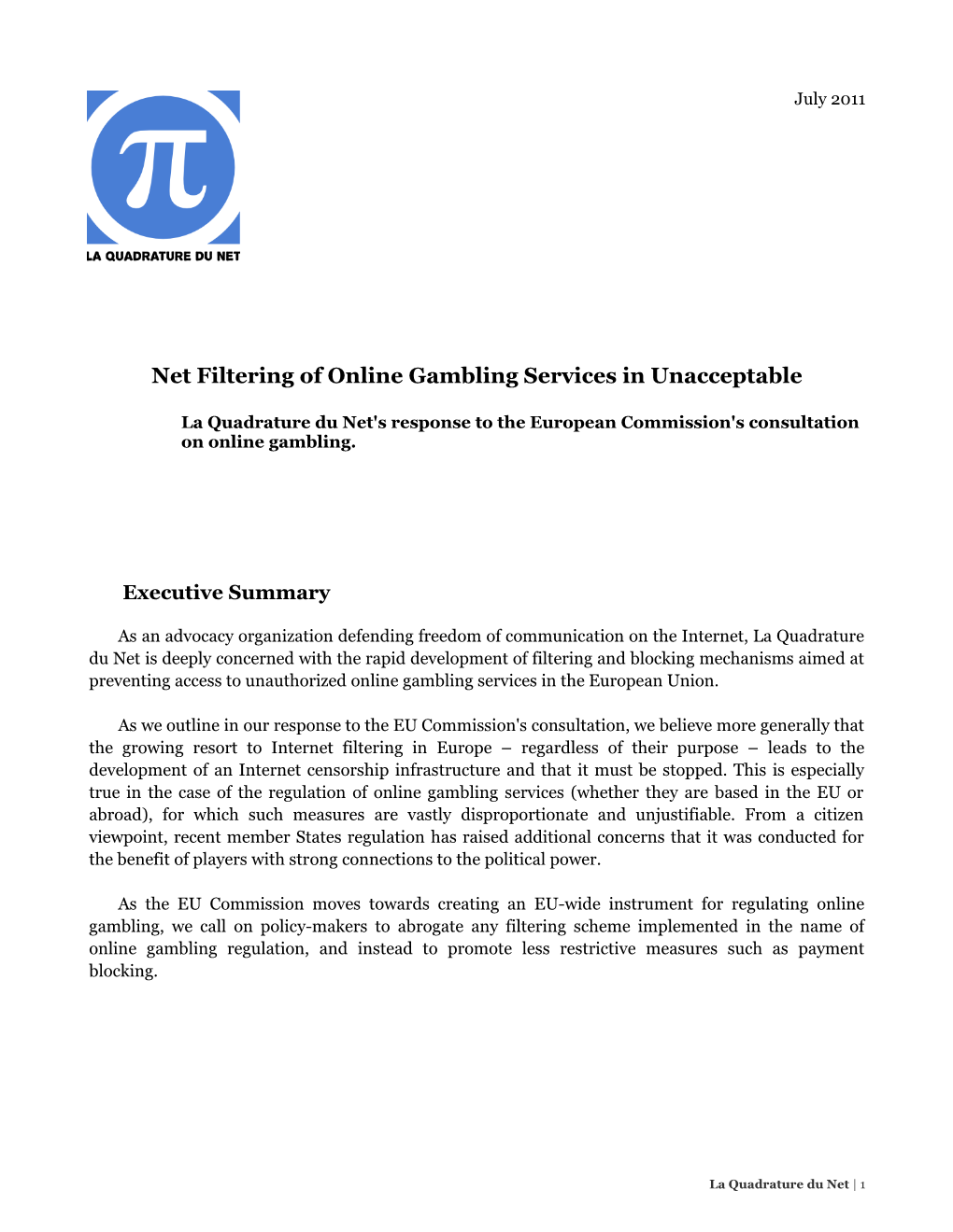 Net Filtering of Online Gambling Services in Unacceptable