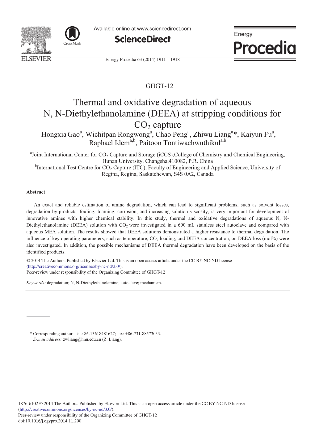 Thermal and Oxidative Degradation of Aqueous N, N-Diethylethanolamine