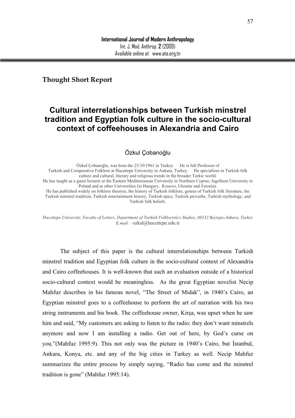 Cultural Interrelationships Between Turkish Minstrel Tradition and Egyptian Folk Culture in the Socio-Cultural Context of Coffeehouses in Alexandria and Cairo