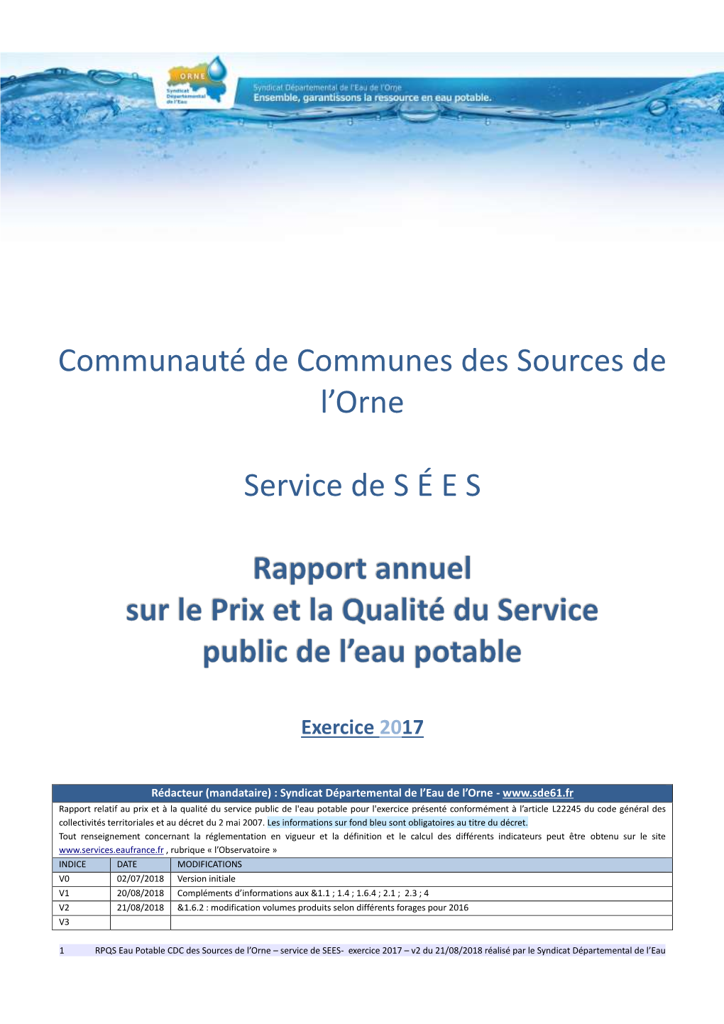 Rapport Annuel Sur Le Prix Et La Qualité Du Service Public D'eau Potable