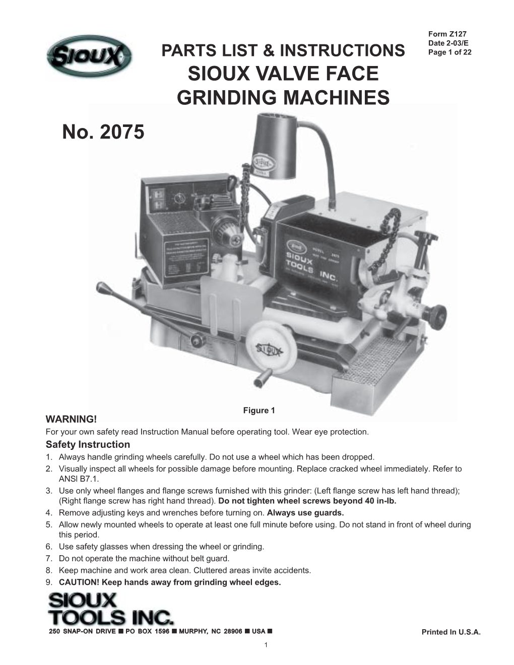 No. 2075 SIOUX VALVE FACE GRINDING MACHINES