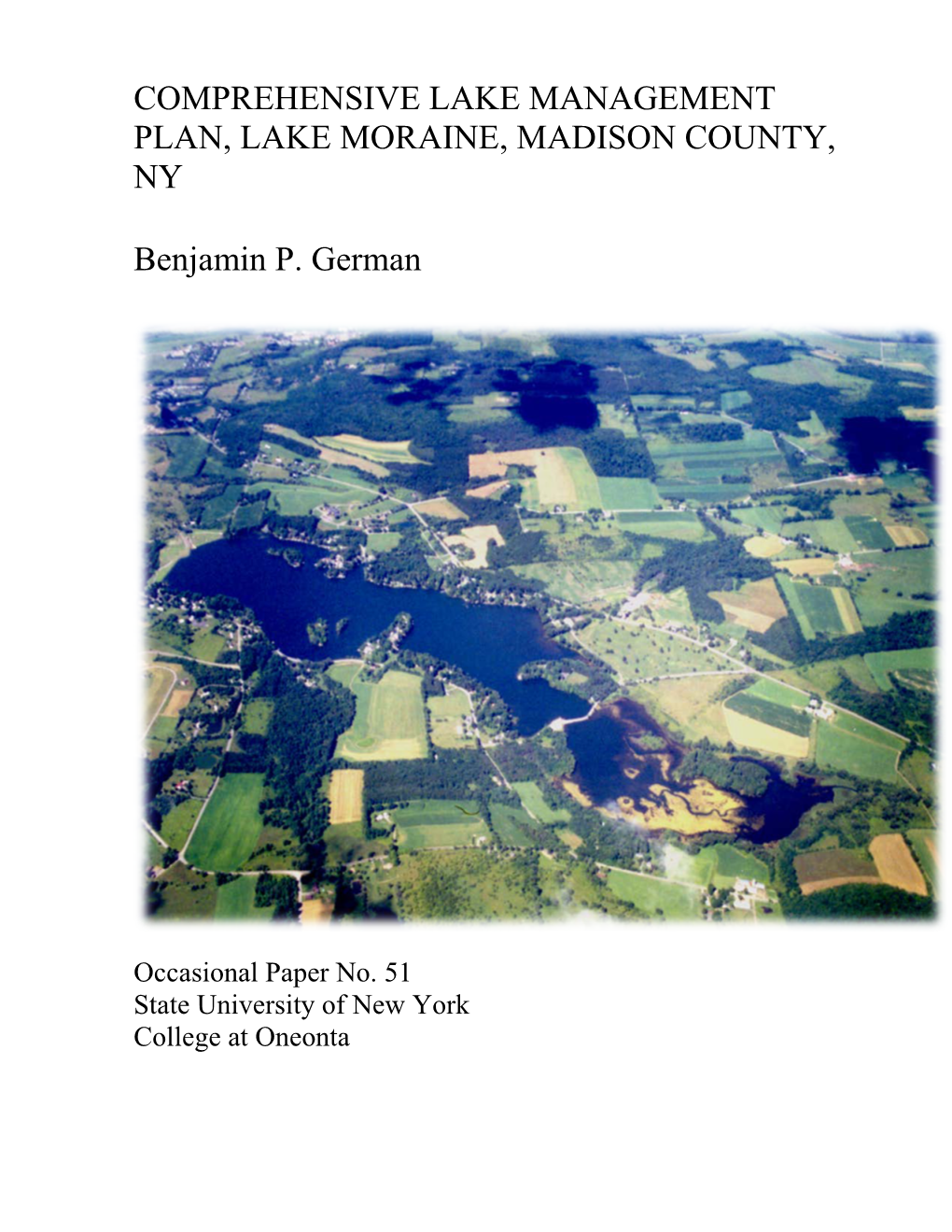 Comprehensive Lake Management Plan, Lake Moraine, Madison County, Ny