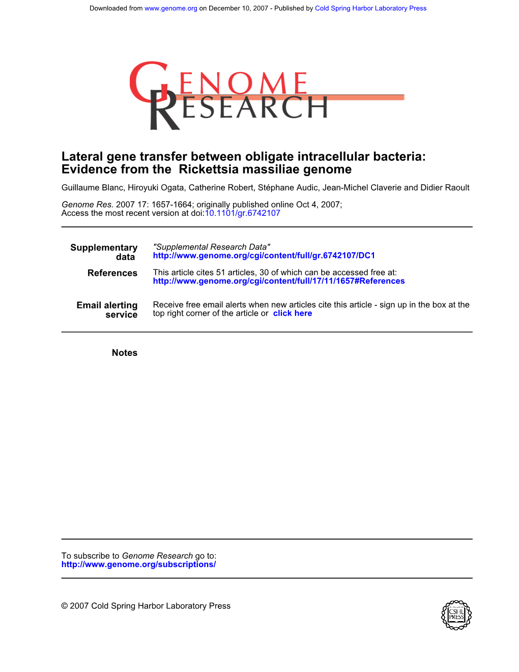 Genome Rickettsia Massiliae Evidence from the Lateral Gene