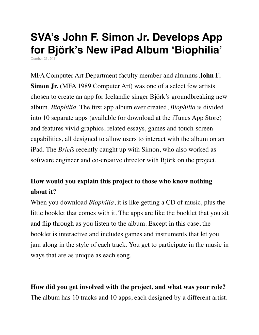 SVA's John F. Simon Jr. Develops App for Björk's New Ipad Album