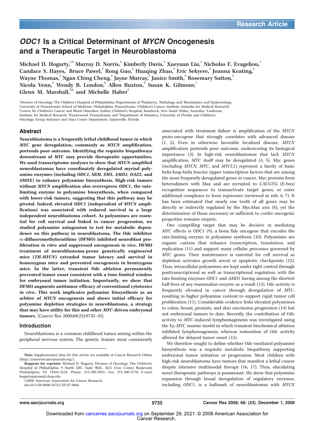 ODC1 Is a Critical Determinant of MYCN Oncogenesis and a Therapeutic Target in Neuroblastoma