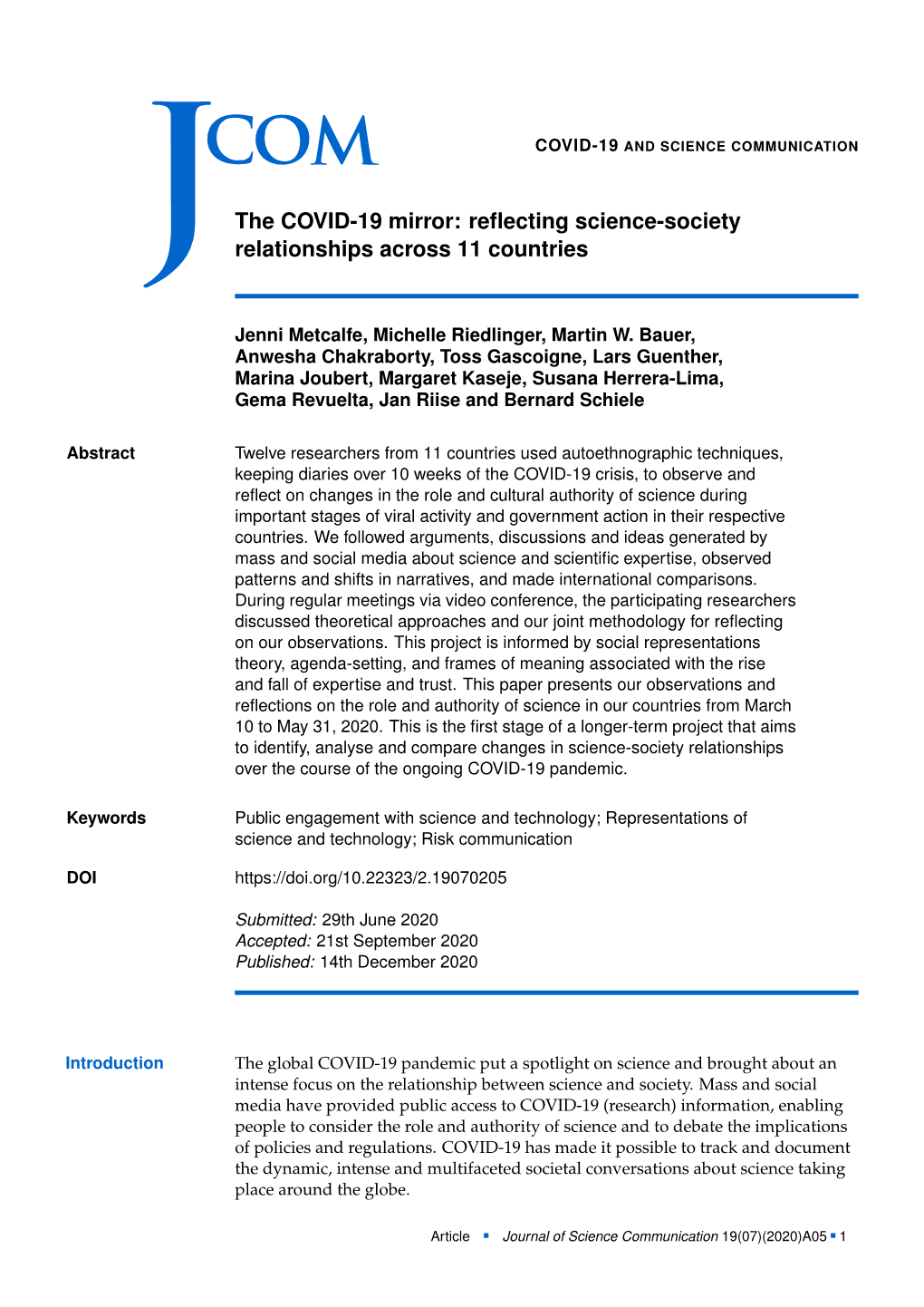 The COVID-19 Mirror: Reﬂecting Science-Society J Relationships Across 11 Countries