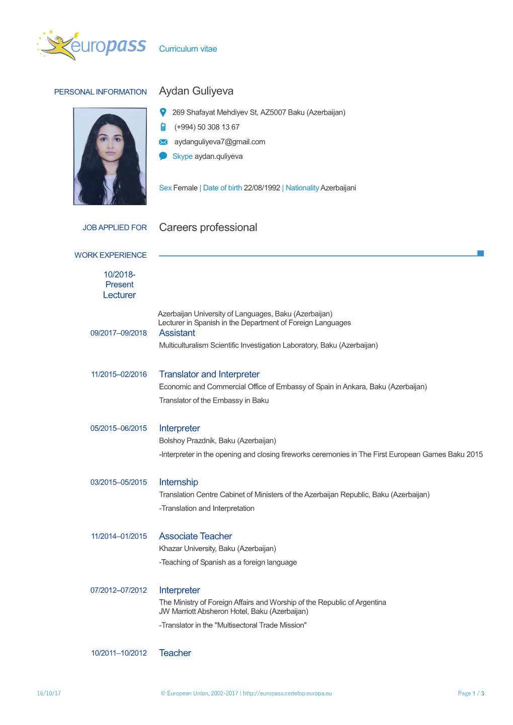 Aydan Guliyeva Careers Professional