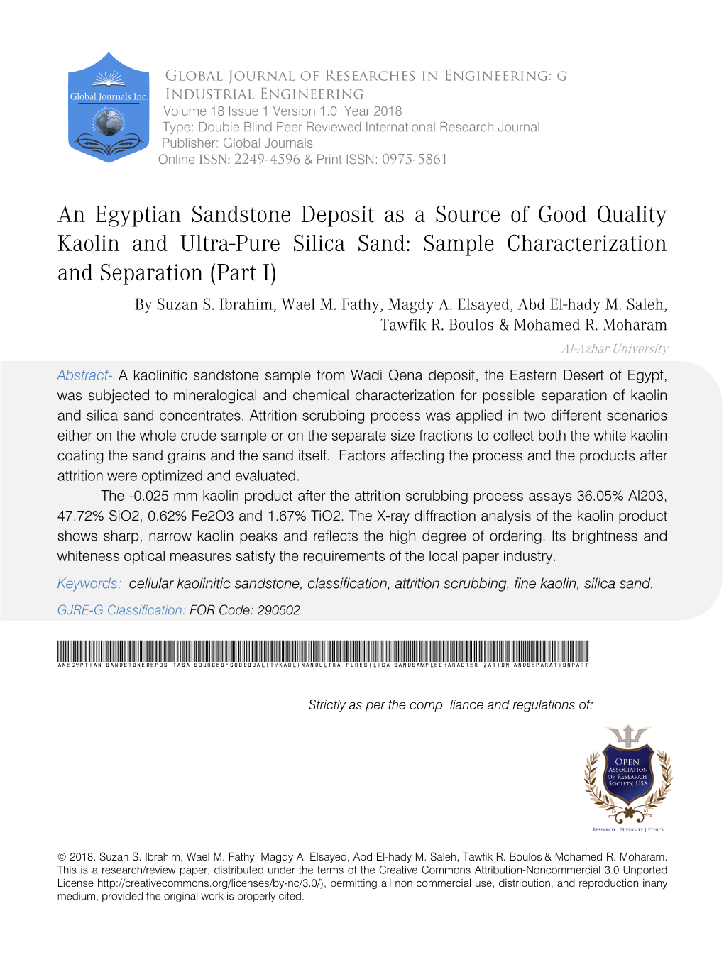 An Egyptian Sandstone Deposit As a Source of Good Quality Kaolin and Ultra-Pure Silica Sand: Sample Characterization and Separation (Part I) by Suzan S