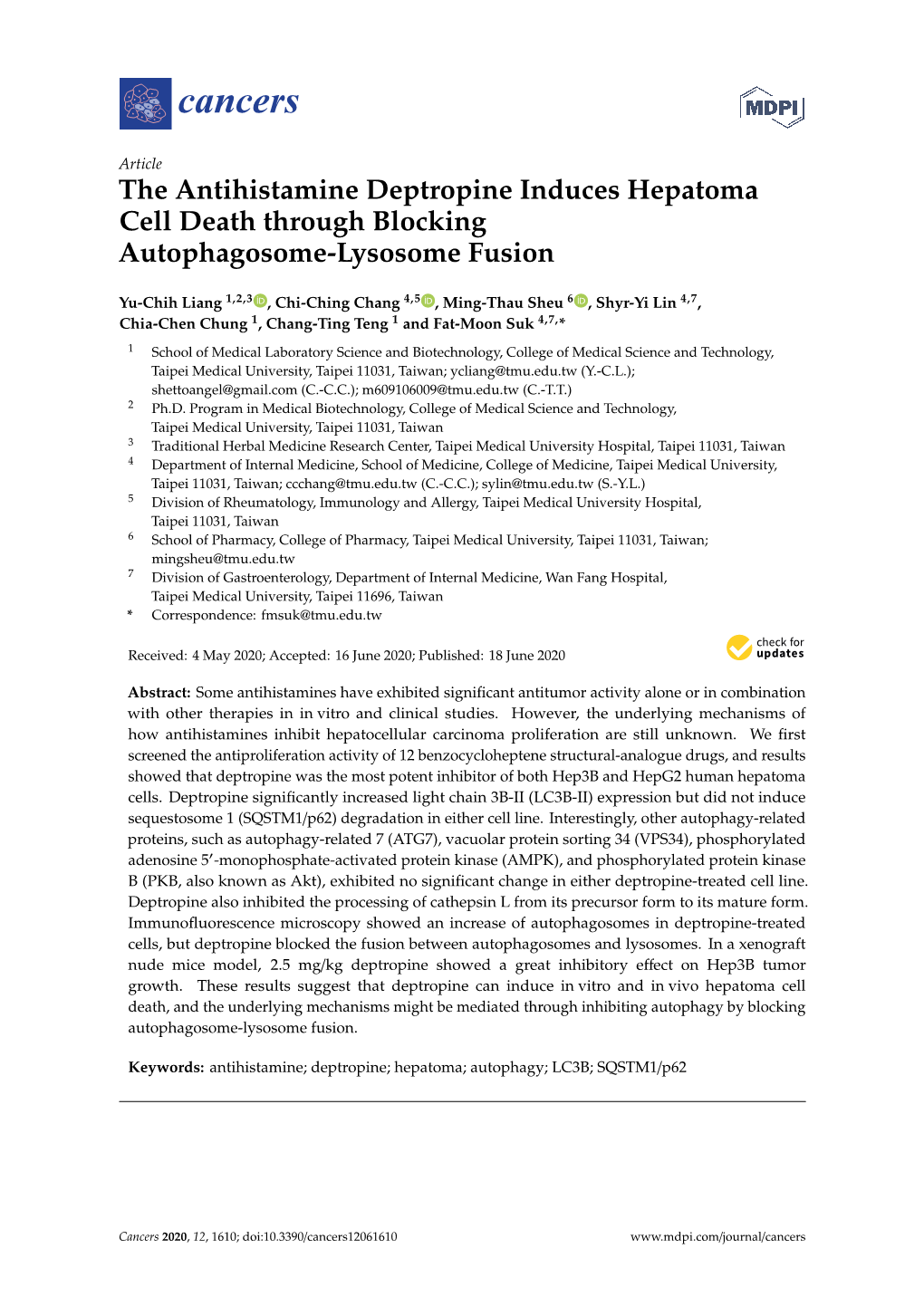 The Antihistamine Deptropine Induces Hepatoma Cell Death Through Blocking Autophagosome-Lysosome Fusion