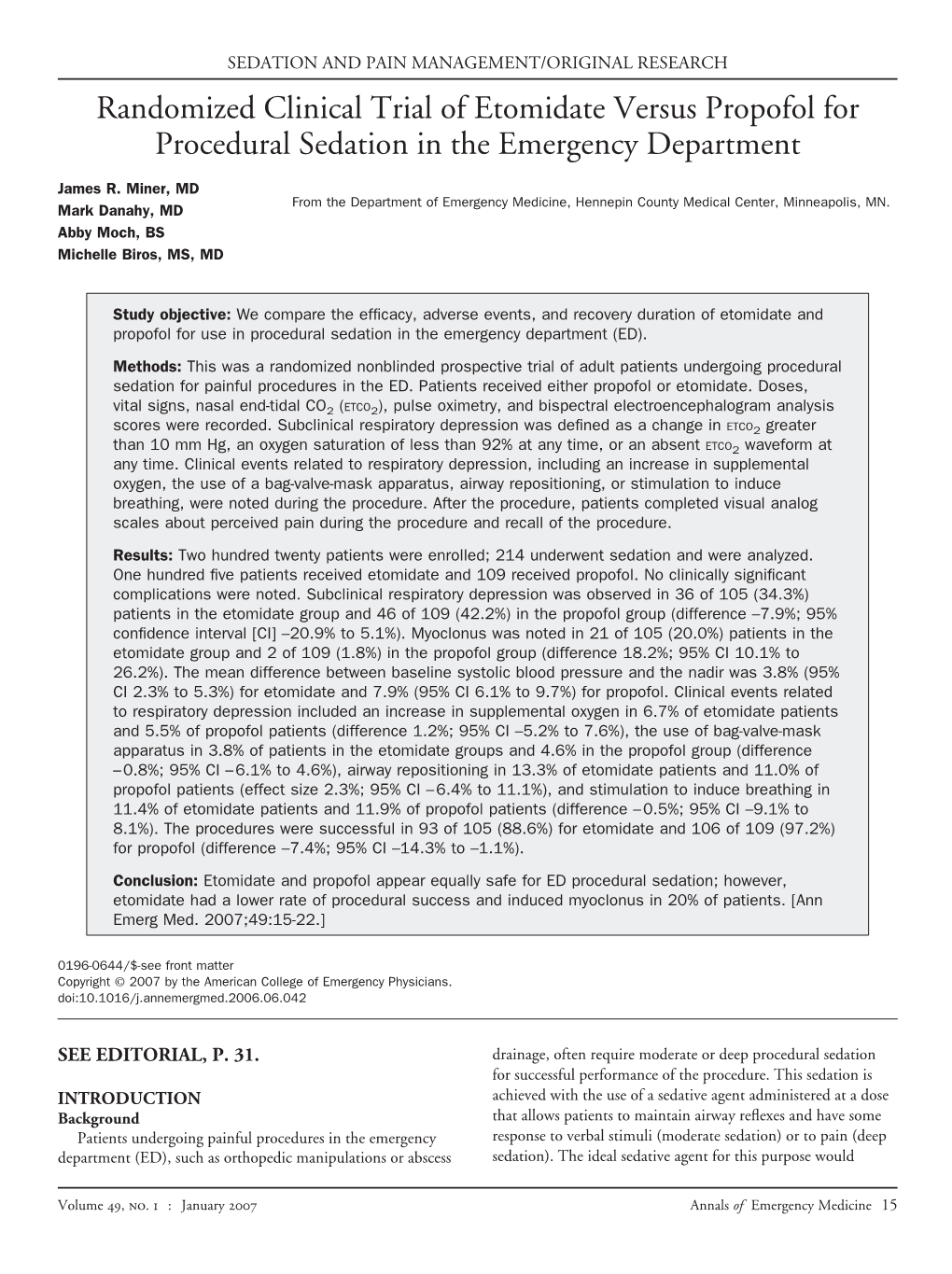 Randomized Clinical Trial of Etomidate Versus Propofol for Procedural Sedation in the Emergency Department