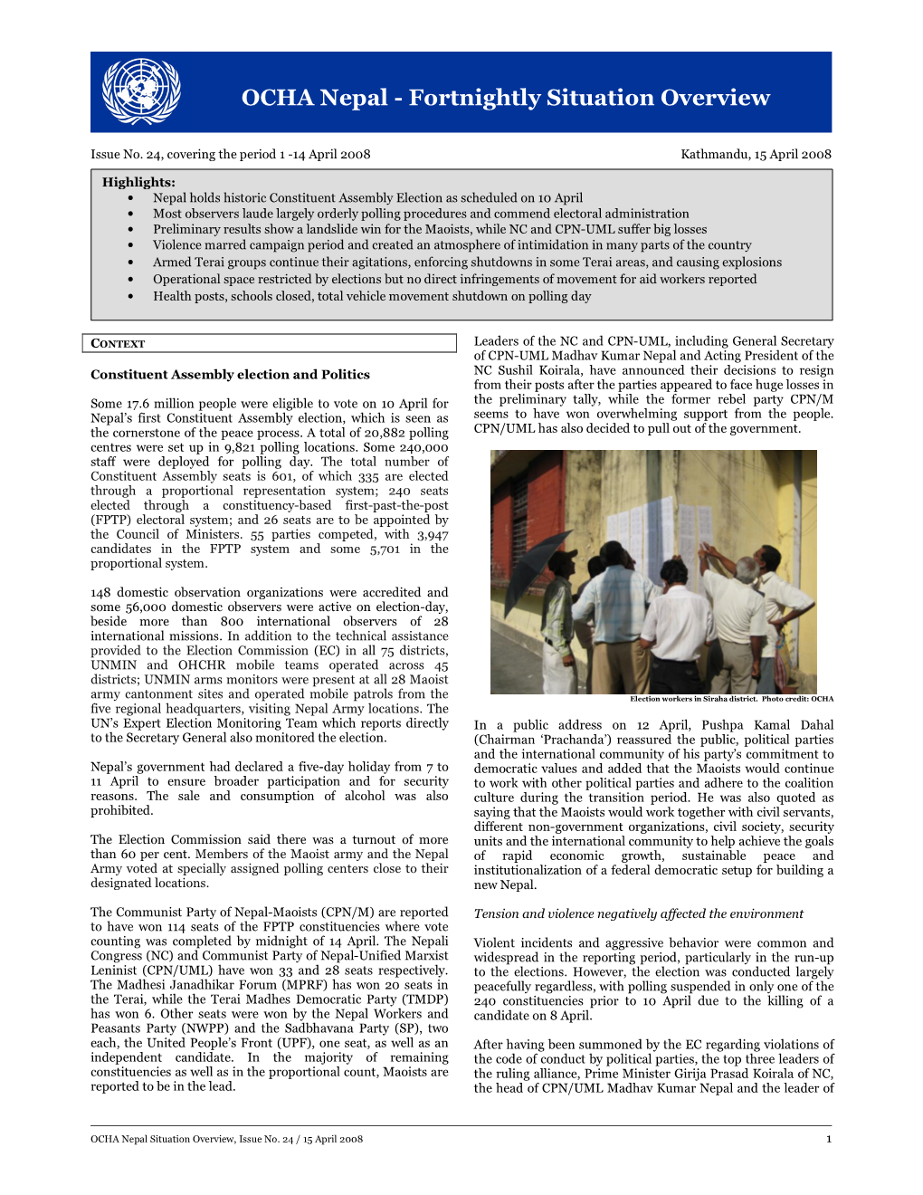 F OCHA Nepal - Fortnightly Situation Overview