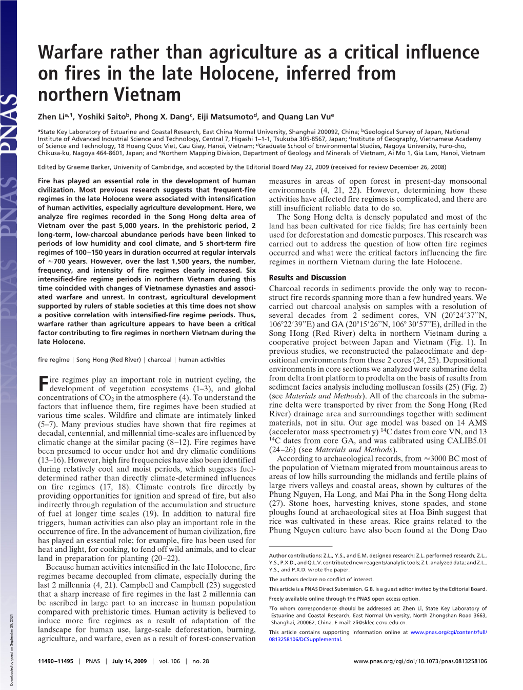 Warfare Rather Than Agriculture As a Critical Influence on Fires in the Late Holocene, Inferred from Northern Vietnam