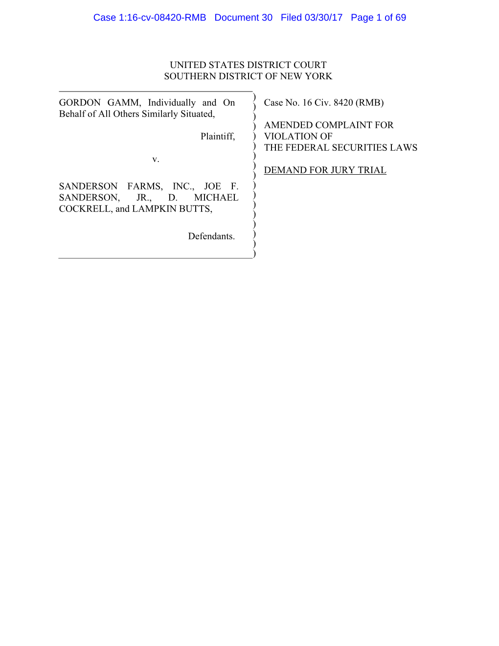 Gordon Gamm, Et Al. V. Sanderson Farms, Inc., Et Al. 16-CV-08420