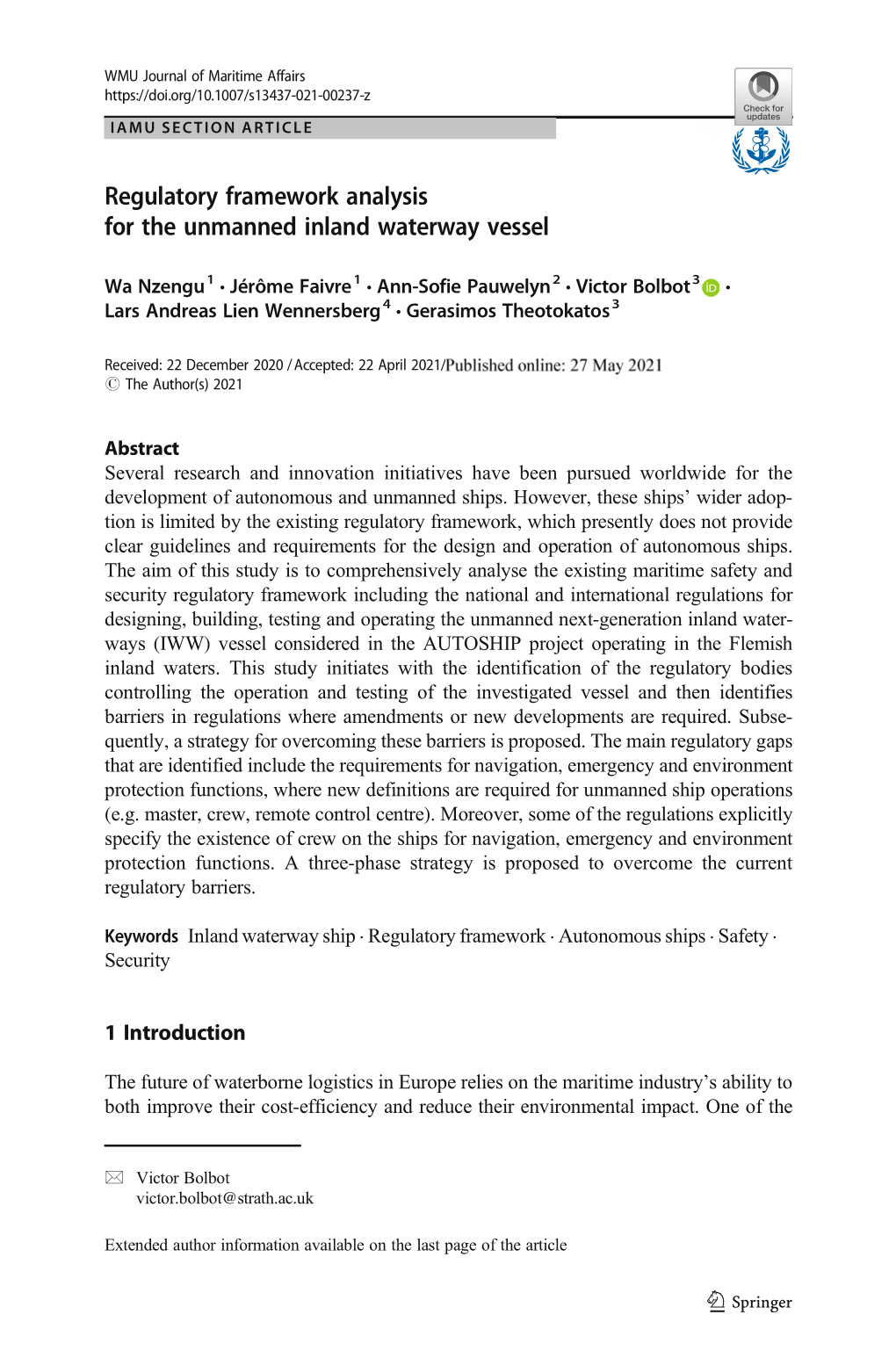 Regulatory Framework Analysis for the Unmanned Inland Waterway Vessel