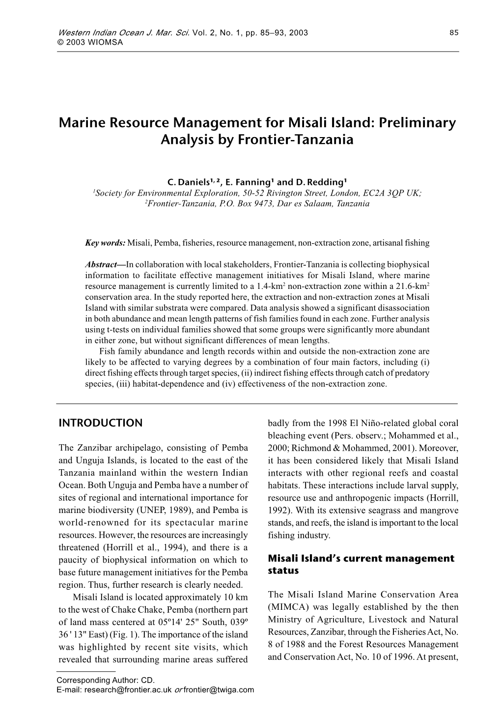 Marine Resource Management for Misali Island 87