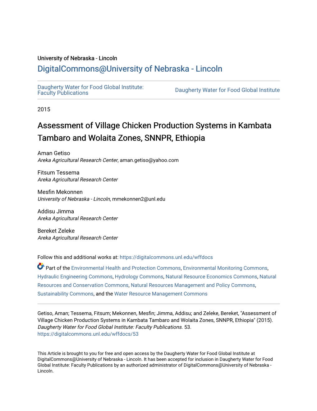 Assessment of Village Chicken Production Systems in Kambata Tambaro and Wolaita Zones, SNNPR, Ethiopia