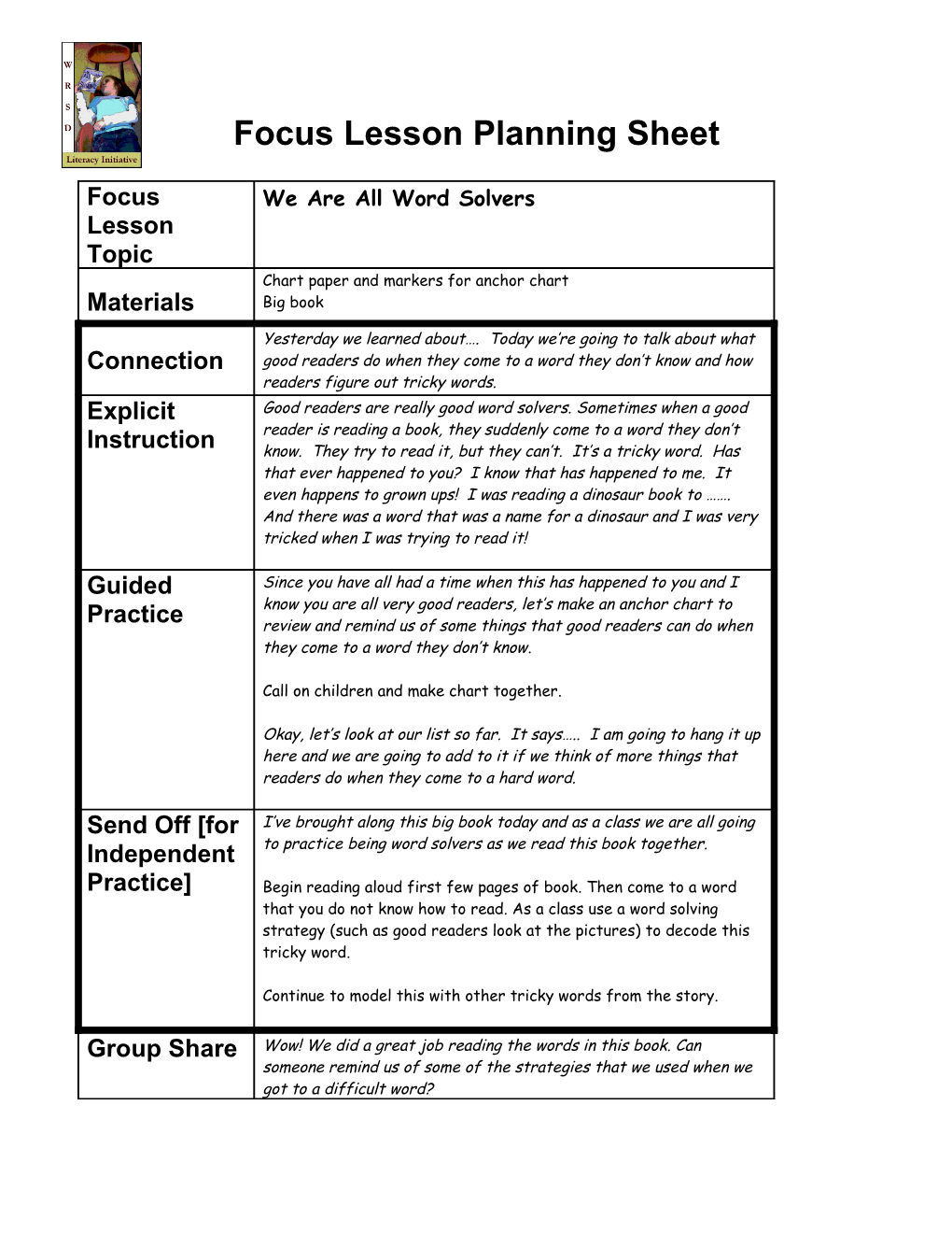 Focus Lesson Planning Sheet s5