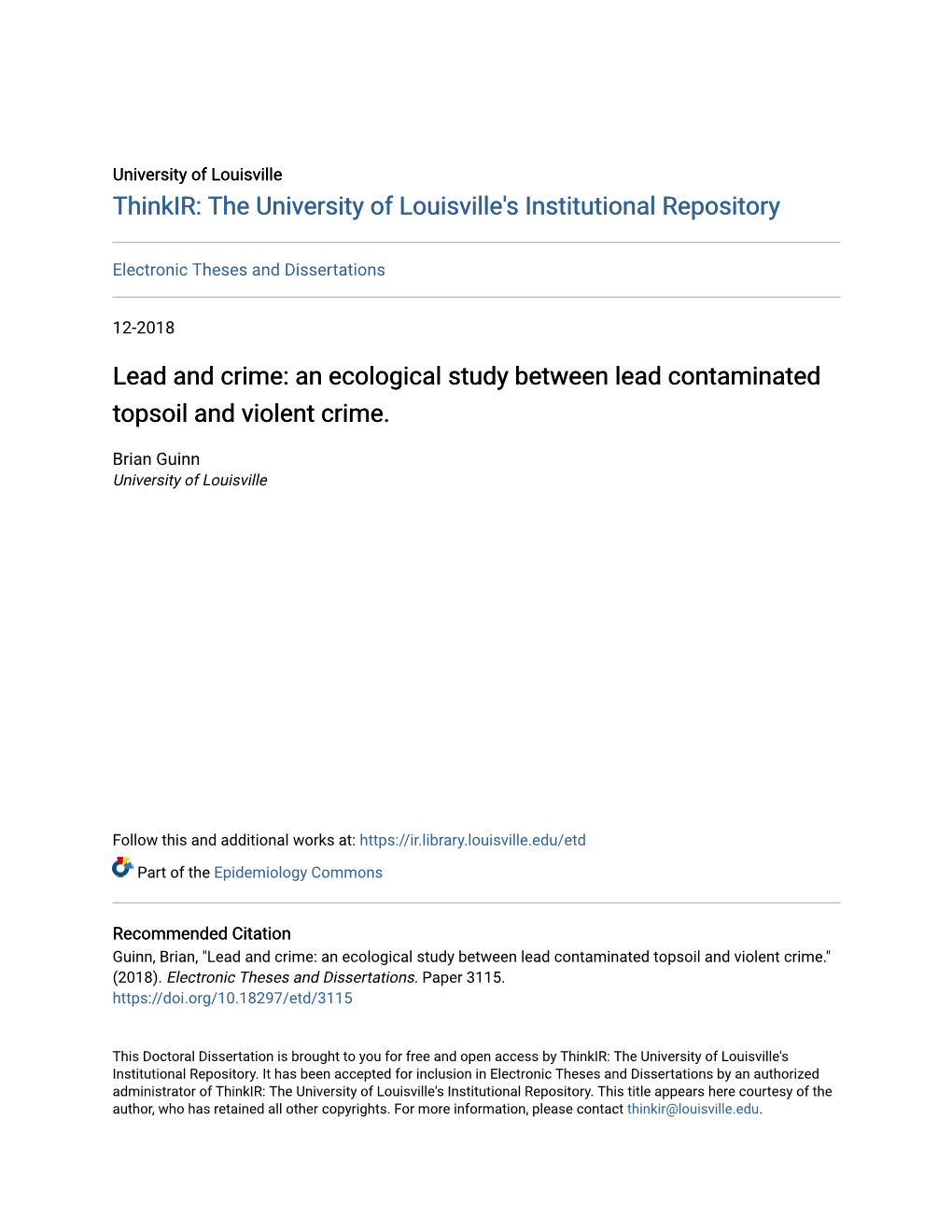 Lead and Crime: an Ecological Study Between Lead Contaminated Topsoil and Violent Crime