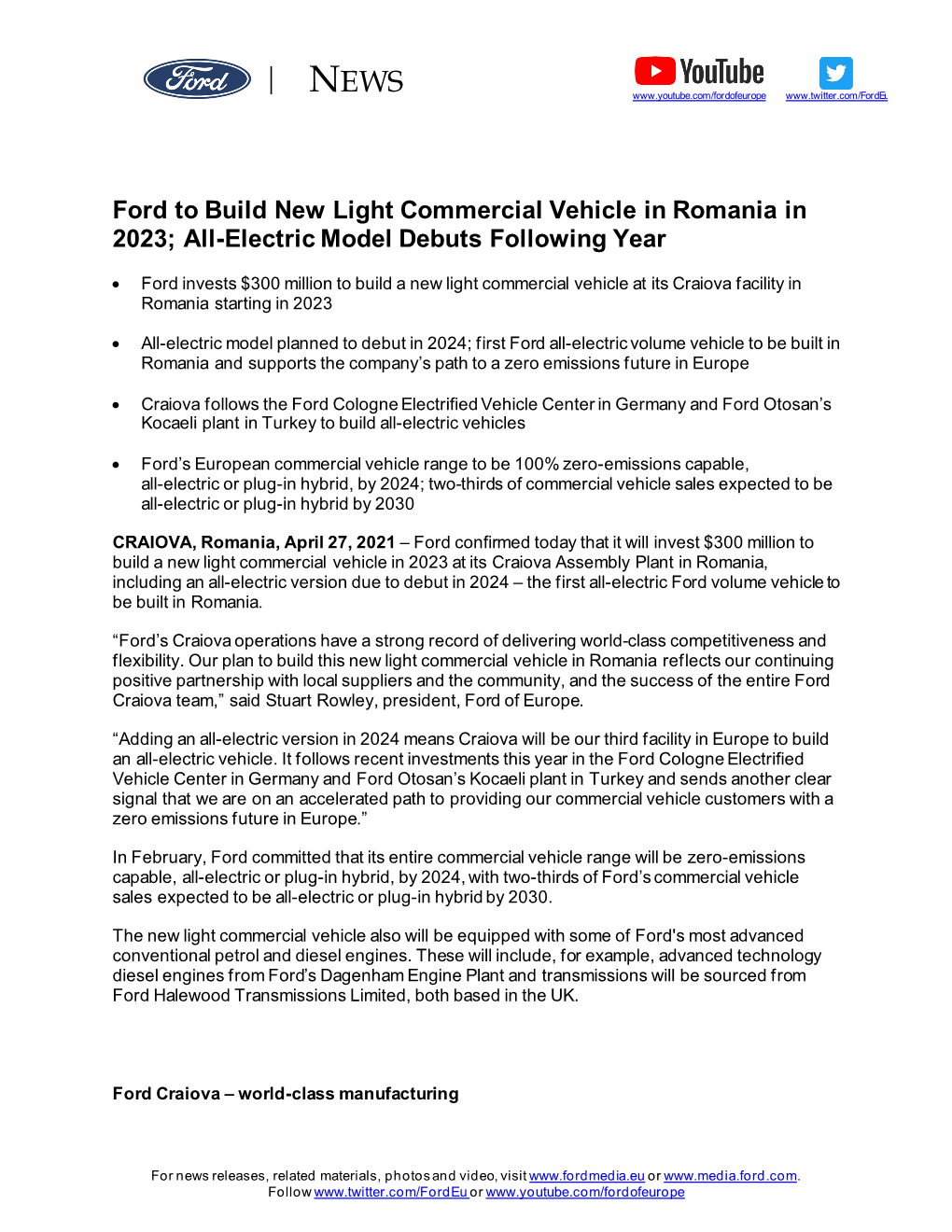 Ford to Build New Light Commercial Vehicle in Romania April 27 2021