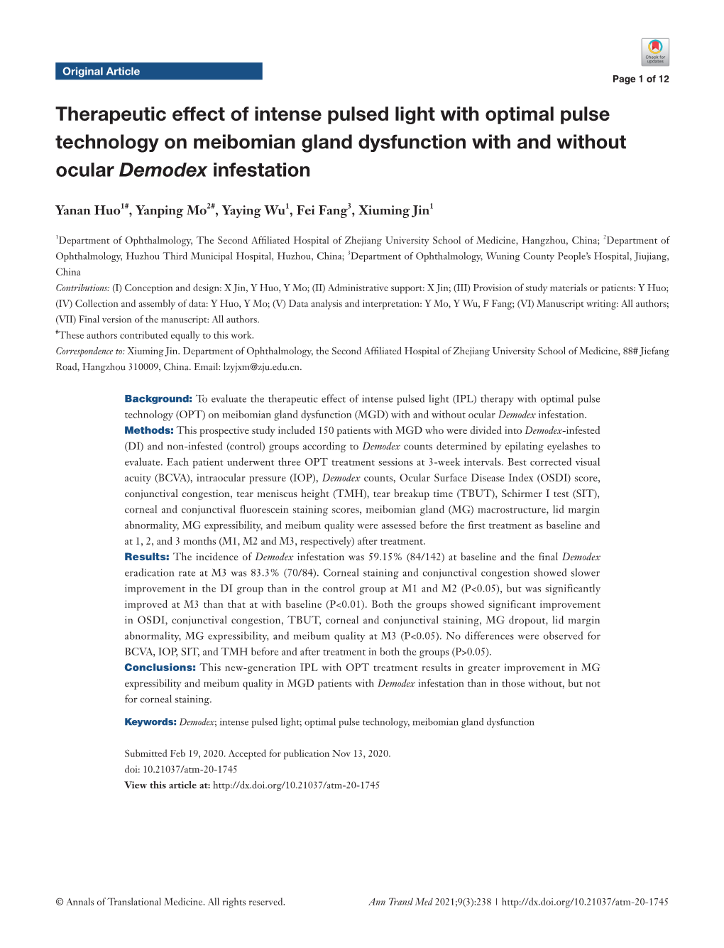 Therapeutic Effect of Intense Pulsed Light with Optimal Pulse Technology on Meibomian Gland Dysfunction with and Without Ocular Demodex Infestation