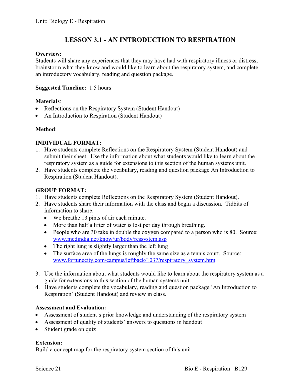 Respiratory System, and Complete an Introductory Vocabulary, Reading and Question Package