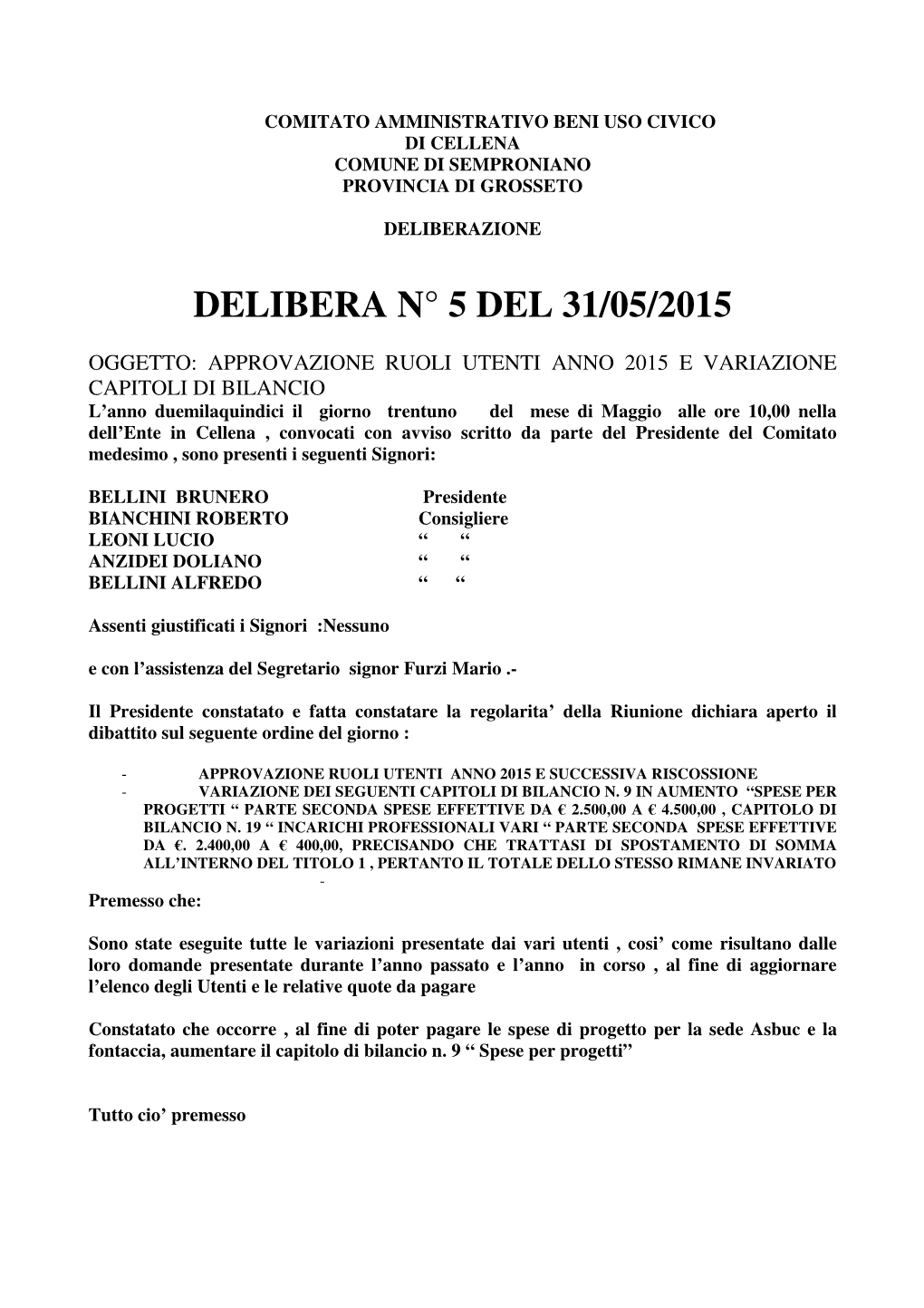 Delibera N.5 2015 Cellena Ruoli E Variazionedi Capitolo