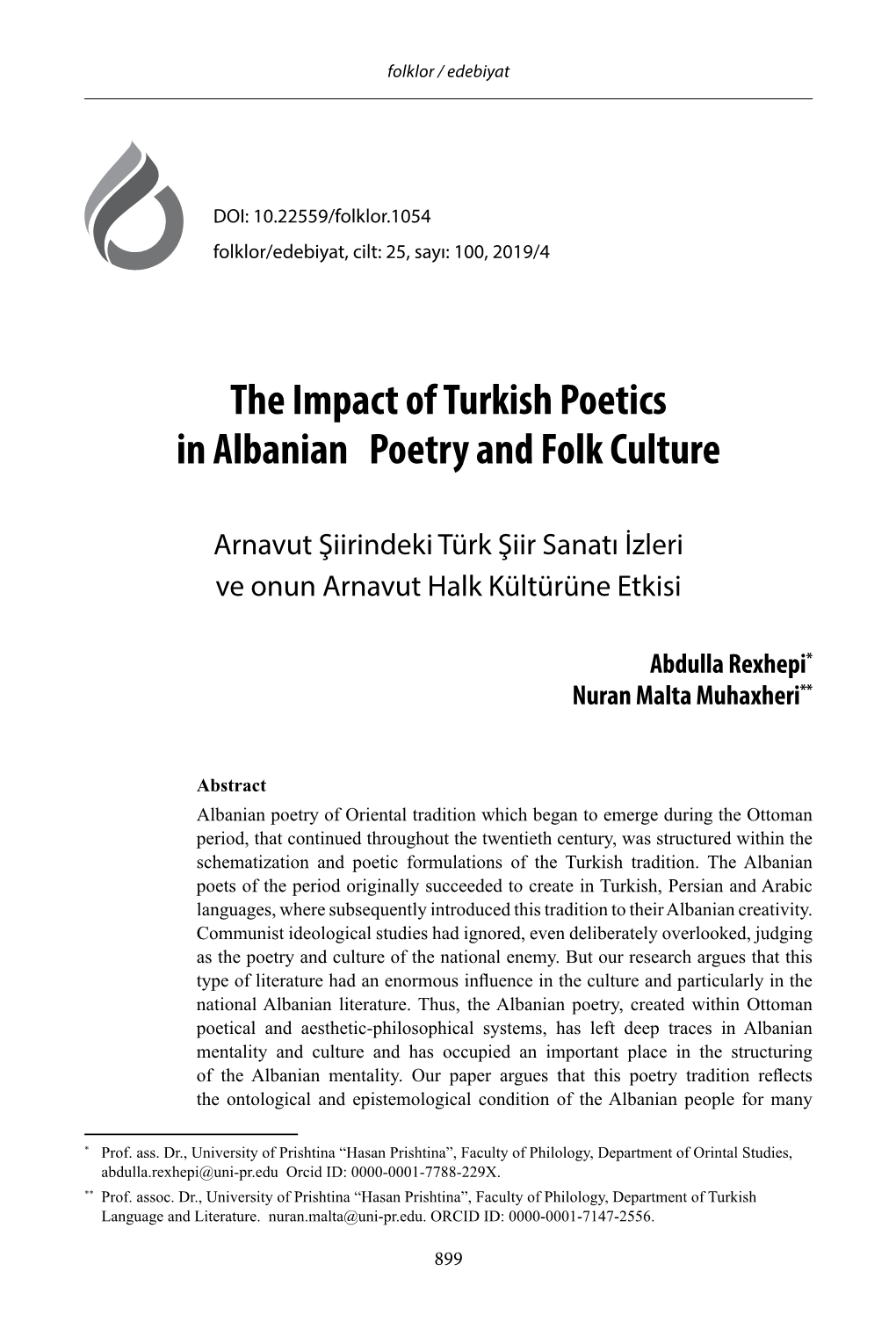 The Impact of Turkish Poetics in Albanian Poetry and Folk Culture