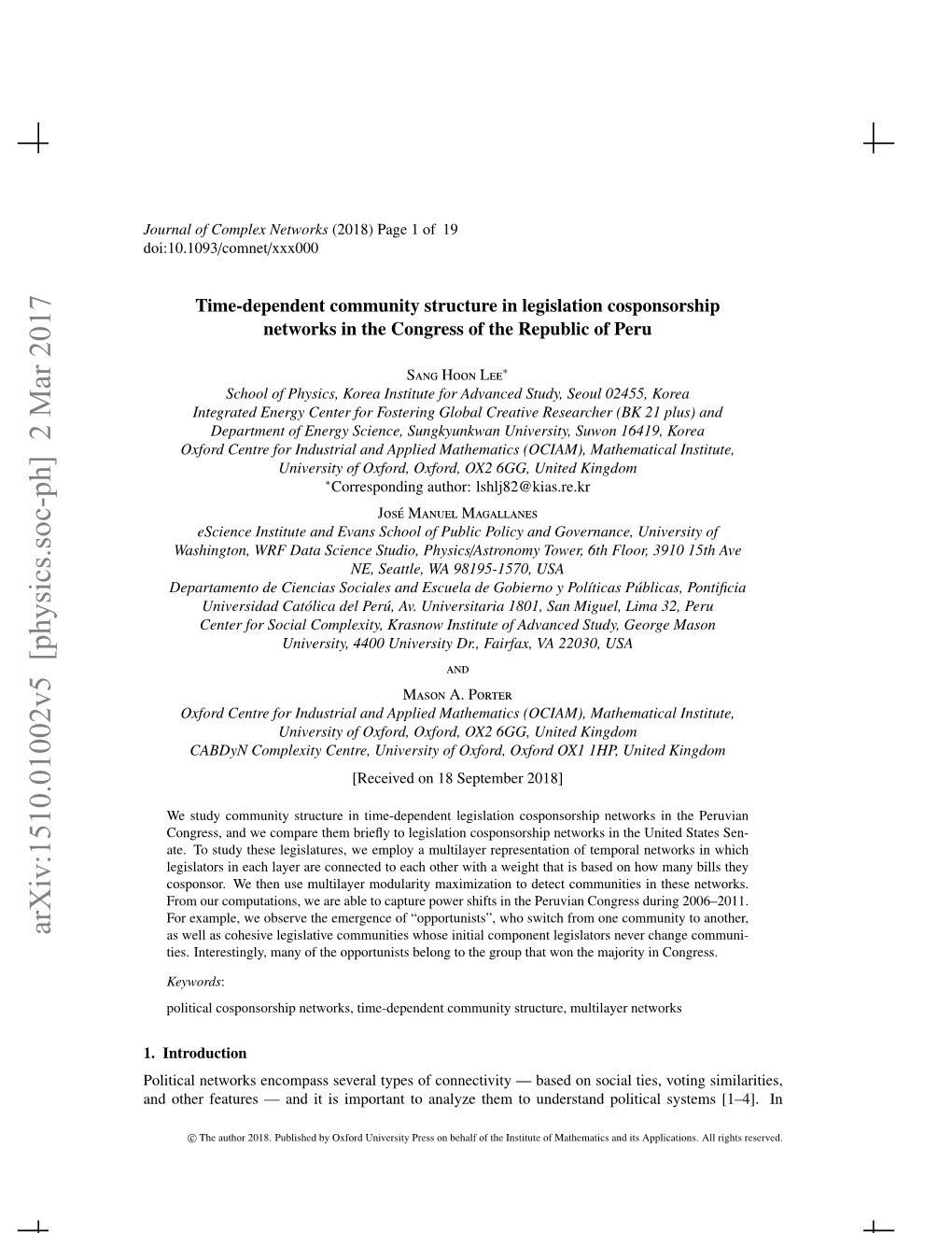 Time-Dependent Community Structure in Legislation Cosponsorship Networks in the Congress of the Republic of Peru