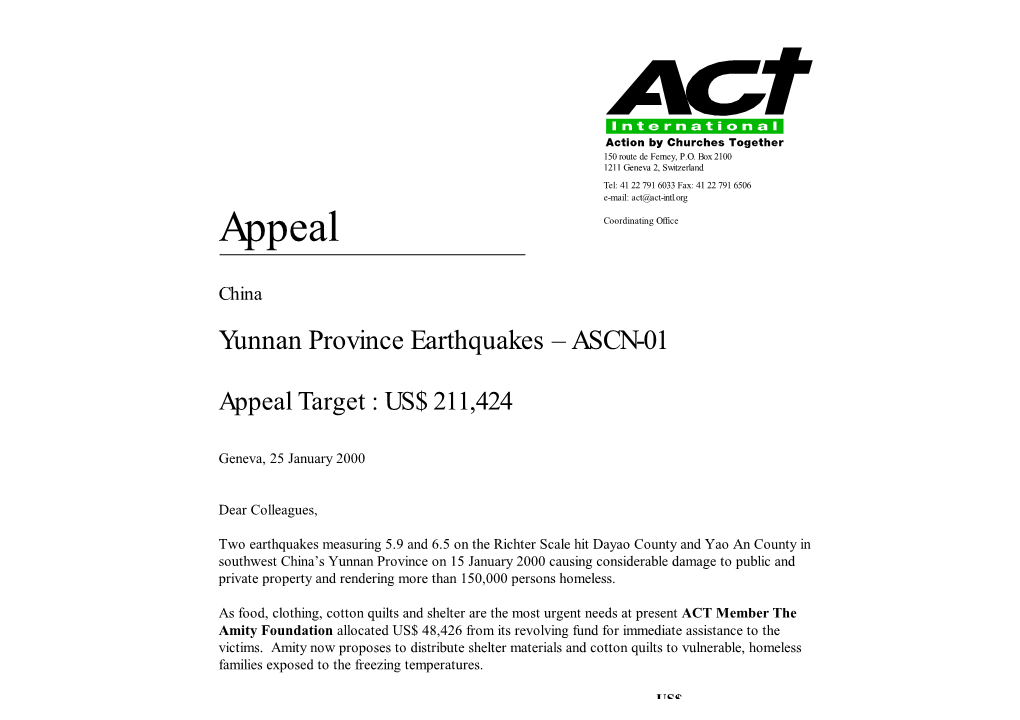 Appeal China Yunnan Province Earthquakes
