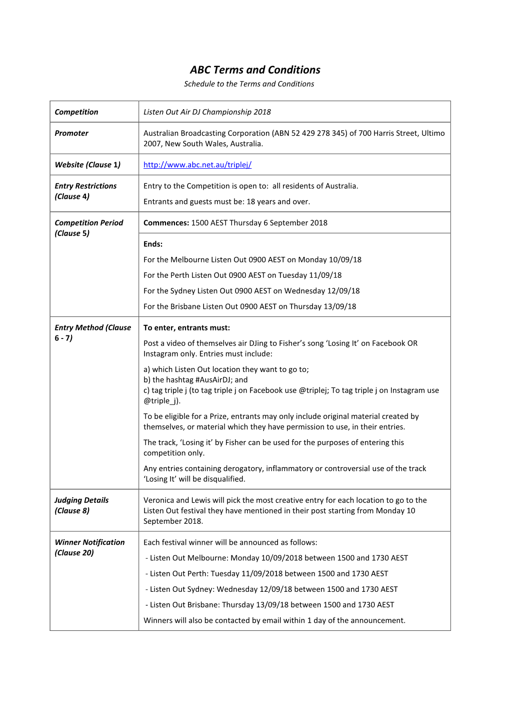 Terms and Conditions Schedule to the Terms and Conditions