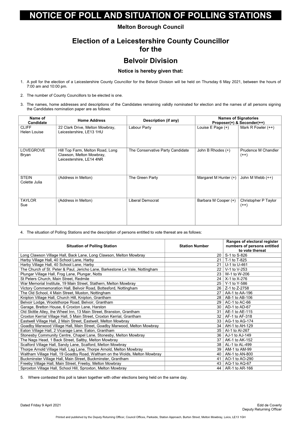 Notice of Poll and Situation of Polling Stations