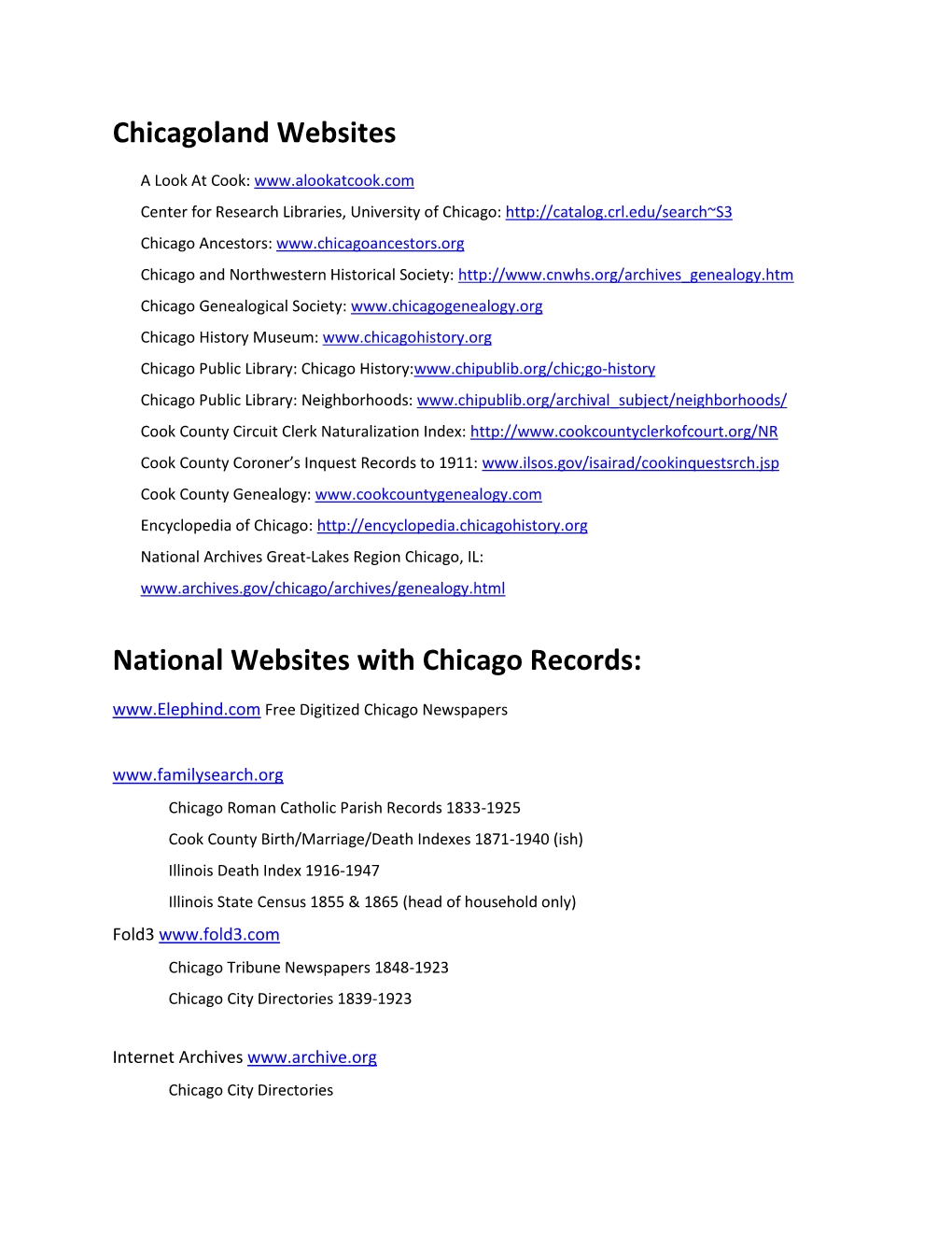 Chicagoland Websites National Websites with Chicago Records