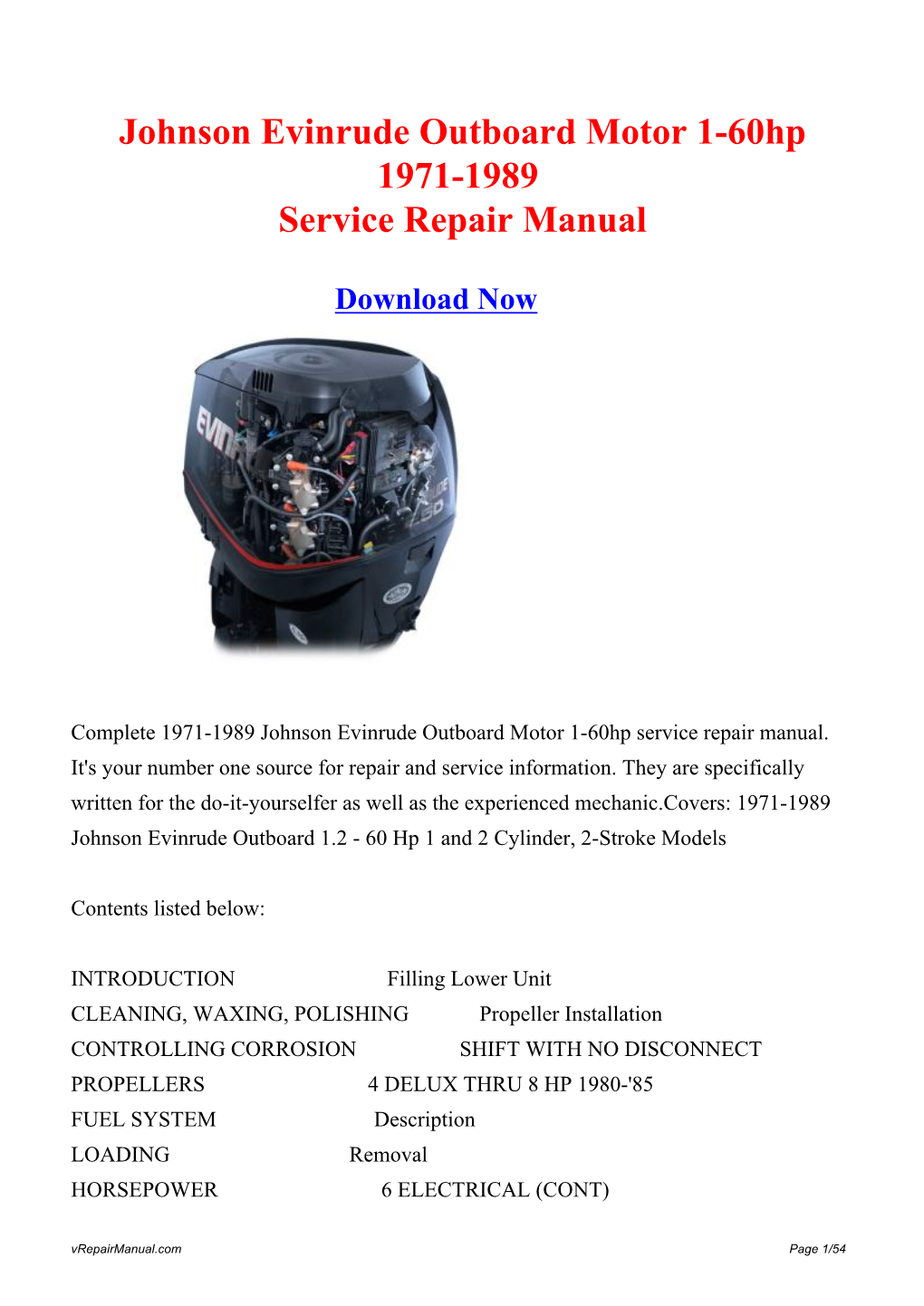 1971-1989 Johnson Evinrude Outboard Motor 1-60Hp Service Repair Manual