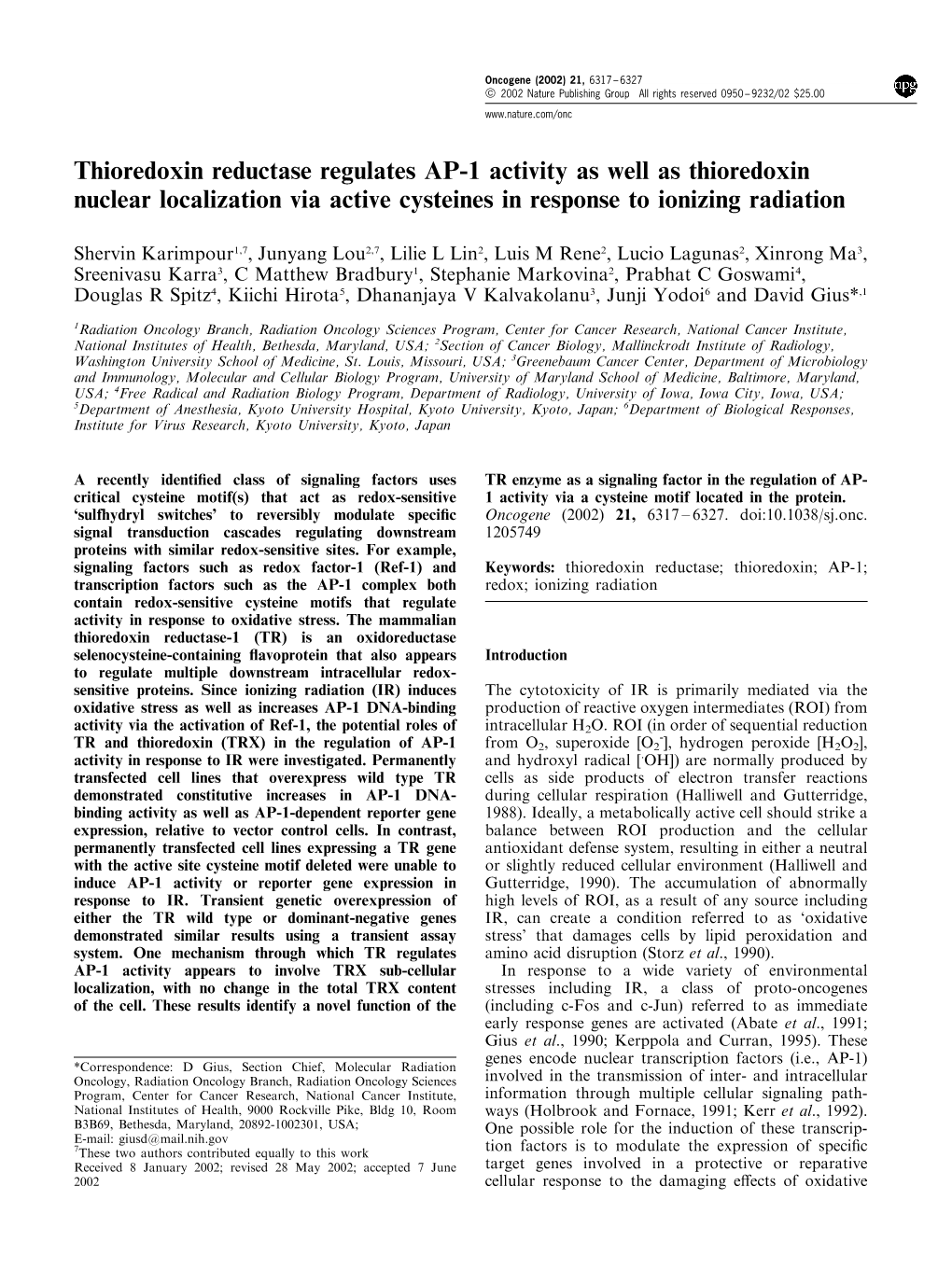 Thioredoxin Reductase Regulates AP-1 Activity As Well As Thioredoxin Nuclear Localization Via Active Cysteines in Response to Ionizing Radiation