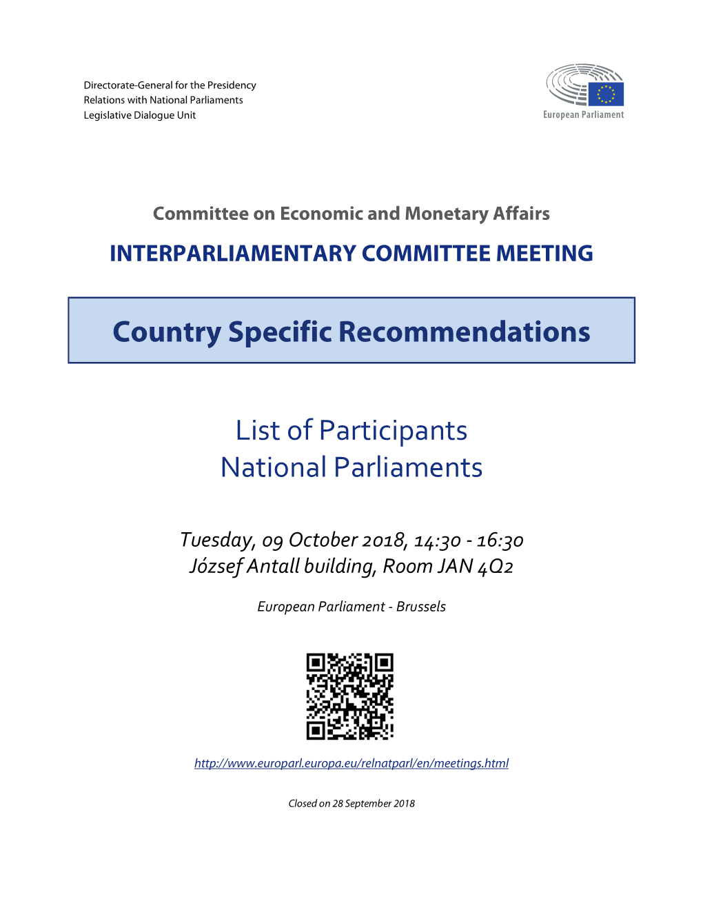 Country Specific Recommendations List of Participants National