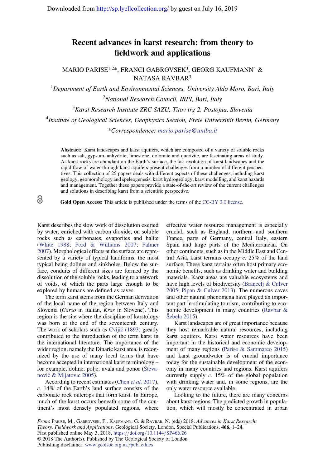 Recent Advances in Karst Research: from Theory to ﬁeldwork and Applications