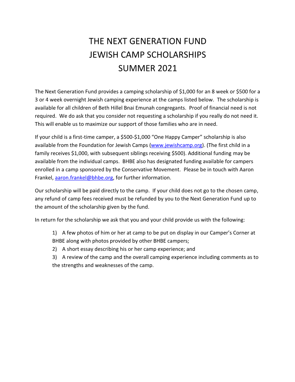 The Next Generation Fund Jewish Camp Scholarships Summer 2021