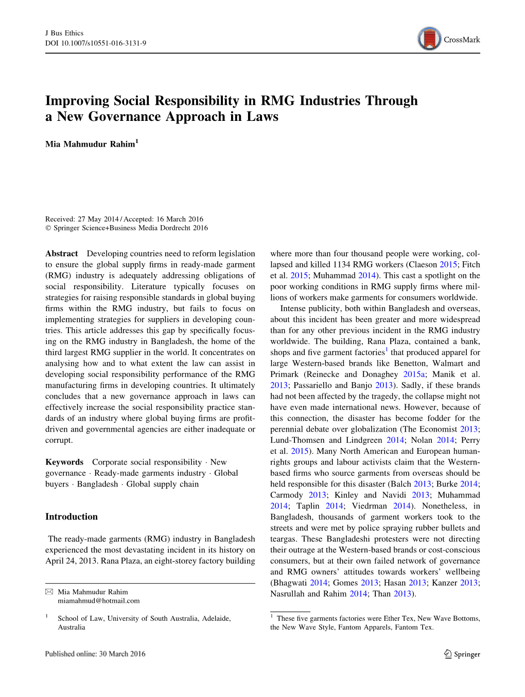 Improving Social Responsibility in RMG Industries Through a New Governance Approach in Laws