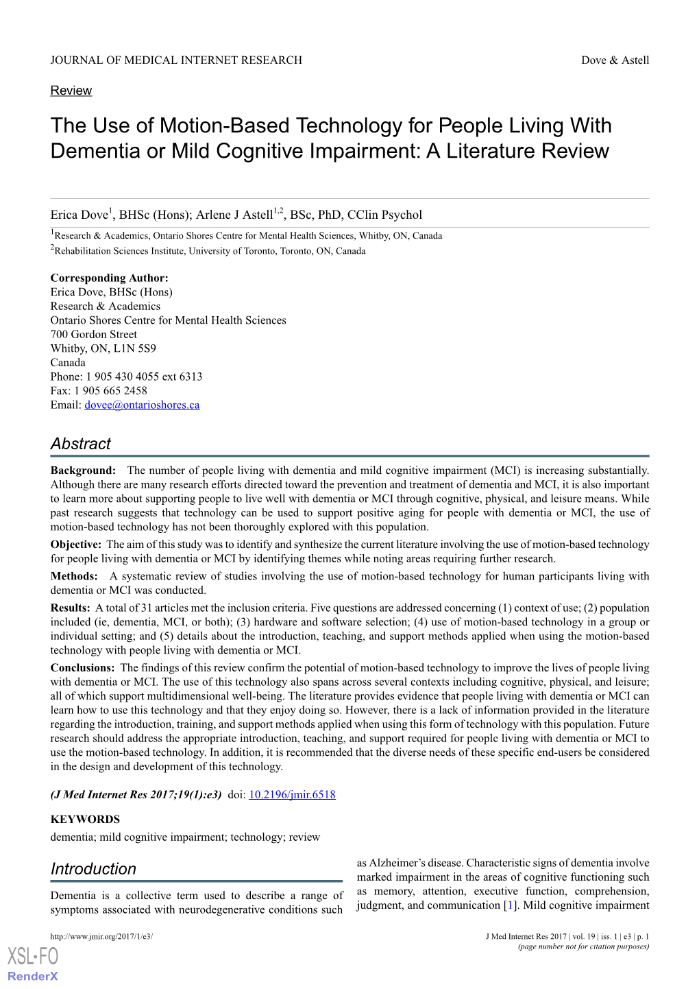 The Use of Motion-Based Technology for People Living with Dementia Or Mild Cognitive Impairment: a Literature Review