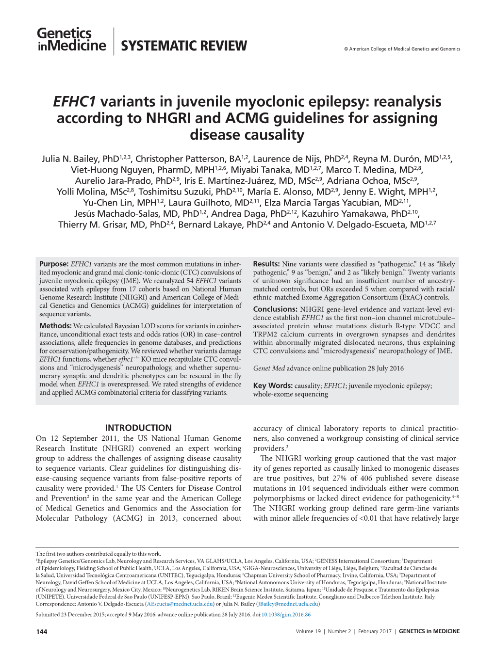 EFHC1 Variants in Juvenile Myoclonic Epilepsy: Reanalysis According to NHGRI and ACMG Guidelines for Assigning Disease Causality